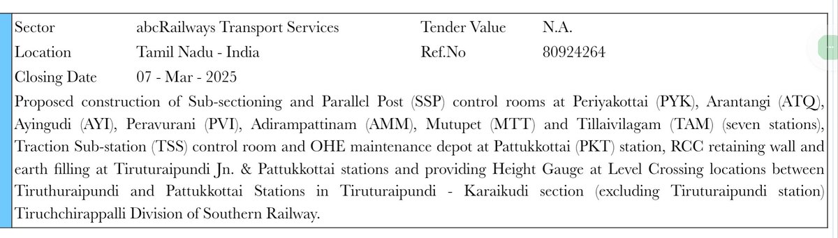 PattukkottaiU's tweet image. Tender notification.
Tender has been floated for works related to electrification of TTP-PKT-KRDI section👷🏻‍♂️🚉.

#Pattukkottai #PKT #Electrification