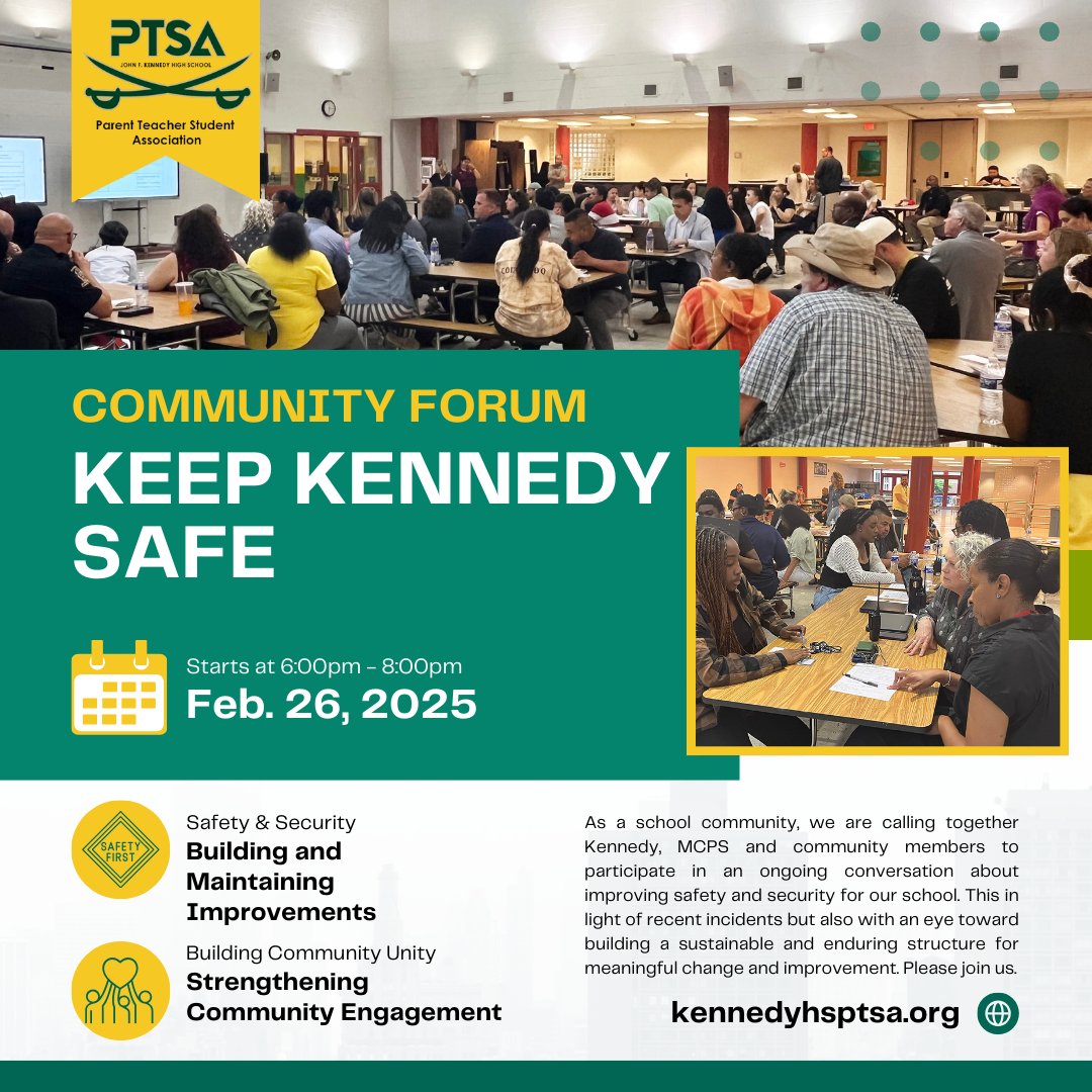 Please join us on Feb. 26 at 6 pm for an important community conversation on improving safety and security at John F. Kennedy High School.

More info here: kennedyhsptsa.org/.../community-…