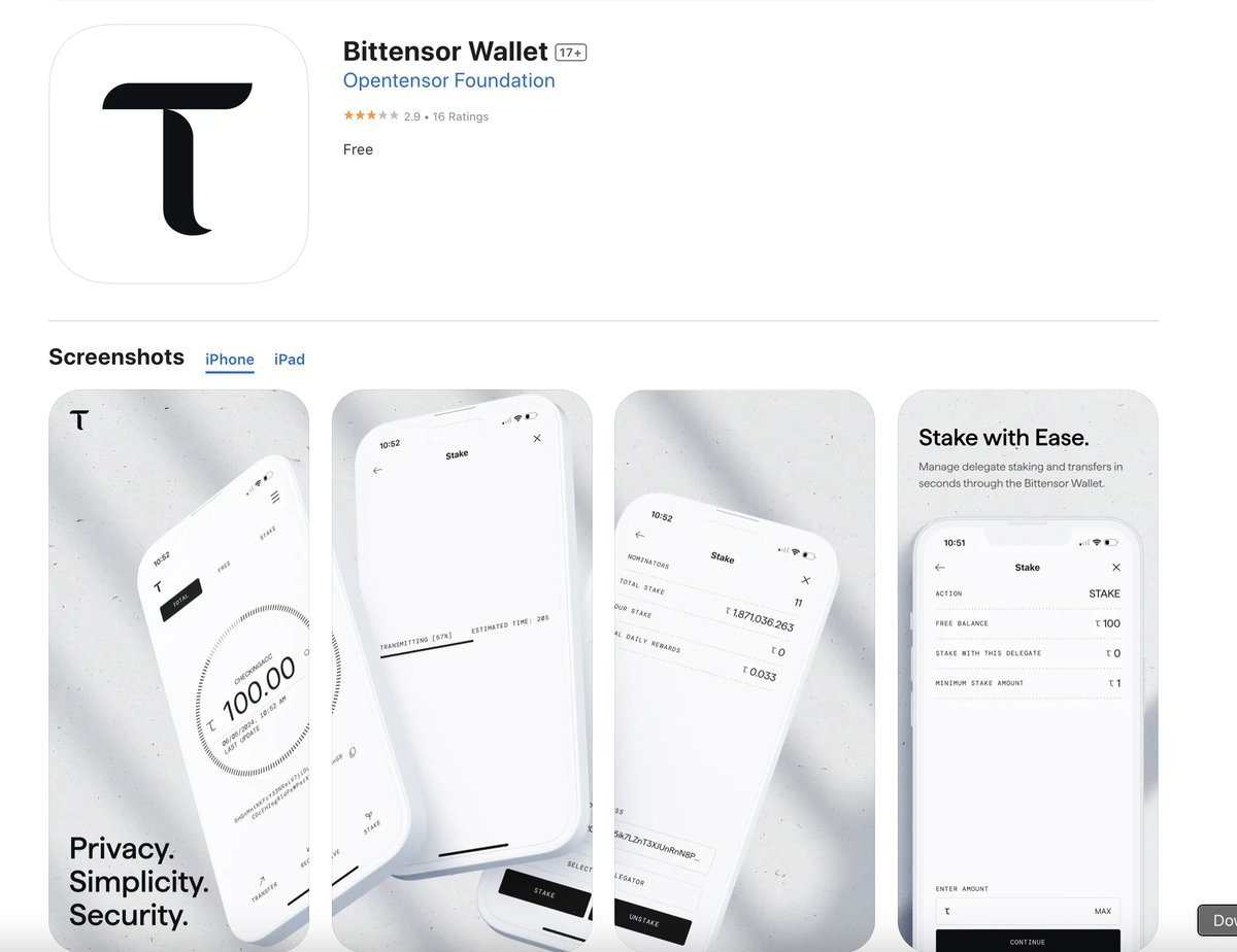 hardriver's tweet photo. 【Bittensor生态怎么玩 之 白话版指南和攻略】

@CoinbaseAssets 刚刚公布上架 $TAO ，价格瞬间爆拉20%。但是，仍然很多人不知道在Bittensor生态内如何发掘和选择早期子网项目，也不知道如何用TAO购买这些子网代币。 因为我们实在太早期了，一起来看看吧。

【Bittensor生态逻辑】

之前的完整版研报看起来可能很复杂，但在实践中：   

1. 项目/玩家拥有 $TAO （生态核心代币）。

2. 每个子网都有 alpha 代币（它们的专用令牌）

3. 1和2相互交易（或质押），以决定在整个 AI生态中的子网项目们获得多少 $TAO 排放奖励。

4. Bittensor 的供应量上限为 2100 万 $TAO 枚，而目前有 830 万 $TAO 枚正在流通。

5.一年后 2025 年 12 月，对子网项目的区块奖励会从每个区块的 1 TAO 减半到 0.5 TAO，排放量将减少 50%（跟BTC一样）。 

6.项目方要使子网项目在生态内上线， $TAO 必须支付注册费——需要质押 $TAO ，才能产生排放奖励，

7. 每个子网在 BitTensor 生态内部都有子网 alpha 代币，玩家质押 $TAO 进去子网获得对应的子网 alpha 代币。Alpha 代币相对于 TAO 具有价值，并且可以在子网LP池子里随时兑换为 TAO。

8. 所有子网均公平启动，无预挖 ，都是最大 21M 代币硬上限，所有子网每2-4年减半一次。子网代币与被质押进来的 $TAO 组成各个子网LP流动性池子

9. 随着 $TAO 价格上涨，更多的项目涌向 Bittensor生态的发展和获得TAO排放奖励，子网数上升正，更多的子网对 $TAO 就像磁铁一样吸引和减少流通供应。 

10.当 alpha代币的应用场景增多并且代币价格稳定时，更多的 $TAO 代币将被吸收保留在到系统中。

小结：
研究bittensor生态内子网项目，它们的应用场景是什么，它们是否已经产生收入等，选择心仪看好的项目，去质押获得alpha代币的增值和$TAO 增长就是玩家们要做的投资游戏。

【bittensor 钱包安装】

在各DEX和CEX购买 $TAO 后，需要准备一个bittensor wallet 生态钱包来接收和各种代币兑换和质押等操作。
1. 下载APP或谷歌浏览器插件钱包：
https://t.co/OB9hQzRupX

2. 开通新钱包地址，保存好种子词，跟其他常规钱包一样。

【$TAO质押】

参与质押的渠道有两种，官方钱包和第三方社区

1）将你的$TAO代币发送到bittensor钱包地址。  
2）点击“STAKING 质押”  
3）点击下图所示的“CREAT NEW STAKE 创建新的赌注”
4）选择你喜欢的子网进行质押。它将优先显示最受欢迎的 6 个子网；如果向下滚动，将出现一个按钮，可以点击该按钮“探索所有子网”。  5) 一旦你选择了想要质押的子网，下一个页面会要求你选择想要通过哪个验证器质押到该子网。选择任何验证器，其实这并不重要。  
6）一旦您选择了验证者，下一个页面将要求您单击“添加验证者进行质押”。  
7）下一个页面将要求您选择要将多少$TAO代币质押到所选子网。可以使用滑块，也可以输入要质押的金额。然后单击“继续”  
8）下一步将要求输入钱包密码。输入密码，按回车键，然后就完成了！大约需要 30-45 秒，然后显示您的交易已完成。

如果不习惯插件钱包界面太小，也可以使用社区的第三方质押入口，页面显示更加清晰和操作方便，登陆钱包、选择子网、质押金额等流程差不多：
https://t.co/YGCHuSbbMN

【生态子网项目查询】

想了解每个子网的功能，查看它们的价格、市值和其他代币相关信息，可以去这里：
https://t.co/YGyD4aVOA4

深入了解子网的官网、官推、DC和开发进展等资源信息可去这里：
https://t.co/khTqHl3gLy 

【玩法注意/小窍门】 

1. 子网流动性起初非常小，每个池都以最少的 1TAO 与 1alpha 供应开始。兑换池子使用指数移动平均线 （EMA） 来平滑价格，但这需要时间和数据点来校准，若一次性购买大量 alpha 可能会使价格飙升 300%。  
如果你看好某个项目，不要在第 1 天就all in，逐步逐量买入或质押，以避免过高的滑点。

2.社区、矿工、验证者、质押者加在一起的算法，共同决定每个子网项目获得TAO 的排放数量。
随着越来越多的子网上线，每个子网都在争夺 社区和质押量，理论上最好的子网胜出方式是获：提供有真正功能的子网 → 更高的价格 → 更多的TAO排放奖励和获得更多玩家质押，→更好（和更便宜）的 AI 训练/推理，更好的子网。

3. 玩家质押 $TAO 获得增值或者数量增长，有保守和激进两种玩法

保守法 — 如果你厌恶风险，安全的质押选项称为根质押，可以在子网 0 上质押给验证者，并以 TAO 收取无风险的年利率。但随着 alpha 使用量的增加，这种安全质押奖励将成比例减少。根质押很安全，但其年利率将随着时间的推移不断下降，全TAO本位，像指数基金一样稳。

激进法 — 如果你追求更高的增长空间，可以选择子网质押，   找到你觉得最有前途的子网质押 TAO 进去换取 alpha代币。风险是一夜间就站在山顶

4. 善用AI 智能体协助投研，尤其是X自带的Grok，下面就是我提给Grok的提示词：
BitTensor 网络中的哪些子网是 dTAO 发布后最有前途的投资？ 说出前 10 名，在你的分析中请考虑以下几点： 
1） 子网当前是否产生收入？ 
2） 子网有网站吗？ 
3） 子网是否在社交媒体上积极推广？ 
4） 子网是否有大量支持者？ 
5）查bittensor的64个子网项目里，哪些项目获得了机构的早期投资？确认有获得投资的，也列出其信息来源和具体链接。

5. 我自己的一些选择原则：奖励的回购比率，项目排放量与市值比率，是否使命团队，是否有机构投资。

6.可以使用 Taostats 上的功能来跟踪你投资的组合子网持有量及其收益表现： https://t.co/fQ7Ko1aHat （需登陆 bittensor 钱包地址）

7. 最后的建议：

1）不要被短暂的高 APY 所迷惑。很多子网会一开始就达到峰值，因为缺乏基本面，alpha 代币可能全是炒作。

2）在 Taostats 上查看持有者统计数据，每日交易量。如果与供应量相比很大，则意味着交易活跃；如果交易量很小，任何以大一些的买入或卖出都可能导致重大滑点。  

3）查看 “Owner / Miner / Validator splits”。如果子网创建者占用了每日排放量的很大一部分，则可能是一个危险信号。

结语：
与中心化 AI 的限制不同，Bittensor @opentensor 为任何人提供了一个全球性的开放网络，让他们做出贡献、赚取 $TAO 和参与 AI 进化。 

 Bittensor 的减半动态、固定供应及其创新子网，短期内会对 $TAO 有旺盛需求，尤其是coinbase的上架支持之后。 以 $TAO 排放奖励作为基础，子网们也将成为自我维持的经济体。

当需求上升遇到供应缩小时，通常会导致代币的价格迅速上涨。我们也将看到类似 $BTC 那样的供应冲击效应，一切才刚刚开始。

👇更多的bittensor生态投研资料回看👇

百亿 #AI 船票 系列篇 1：
《Bittensor ——全球AI协作比特币时刻，一张价值百亿的AI船票》
https://t.co/9OKzSOwnJm

百亿 #AI 船票 项目篇 1：
《$Masa + Bittensor + 融资 1775 万美元 ，会是去中心化 AI 数据的未来？》
https://t.co/6oNcSfiAyi