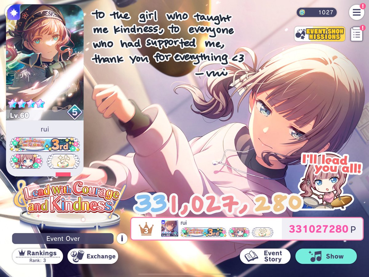 Lead with Courage and Kindness T3 — 331,027,280

i still remember the intense feelings i felt when this event first was announced on jp. if you told me back then that i would not only podium, but break several records along the way, i would have never believed you

thank you ❤️