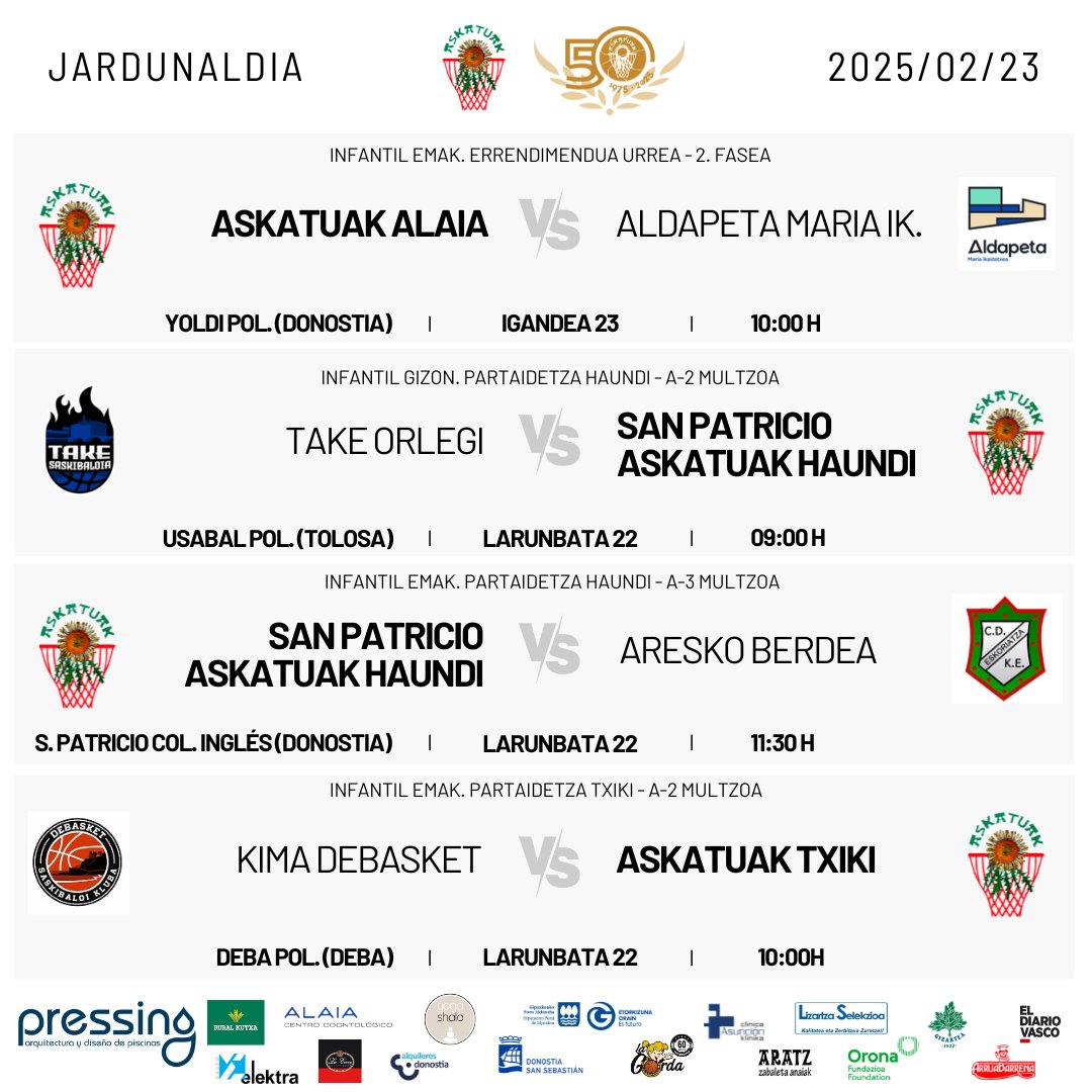 📅JARDUNALDIA - JORNADA 23/02/2025          

📷Hau da gure taldeen jardunaldia asteburu  honetarako.                
📷Esta es la jornada de nuestros equipos este fin de semana.

#NiNaizAskatuak #GuGaraAskatuak
<a href="/fgbaloncesto/">GSF</a>
<a href="/FBasketbasko/">Foro Basketbasko</a>