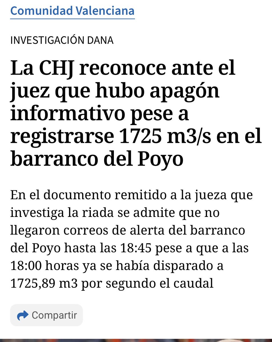 La CHJ reconoce ante el juez q hubo apagón informativo pese a registrarse 1725 m3/s en el barranco del Poyo

En el documento remitido a la jueza q investiga la riada se admite q no llegaron correos de alerta del barranco del Poyo hasta 18:45 pese a q se había disparado el caudal