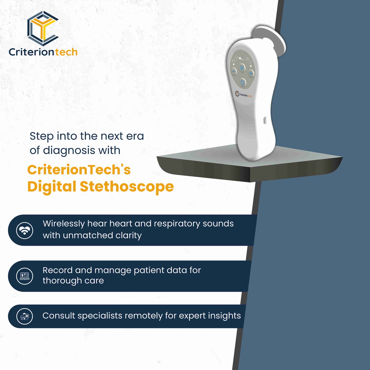 criterion_tech's tweet image. Revolutionize auscultation with our Digital Stethoscope. Crystal-clear sounds, advanced amplification, and noise cancellation redefine diagnostic precision. Explore the future of diagnosis today.

Learn more at: criteriontechnologies.com/digital-stetho…
.
#DigitalHealth #MedTech #CriterionTech