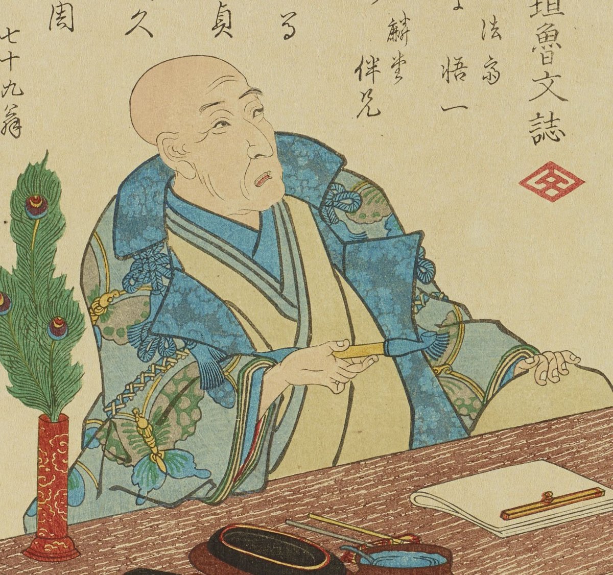 国周が描いた、師匠・歌川国貞（三代豊国）の肖像。国貞の死を追悼して