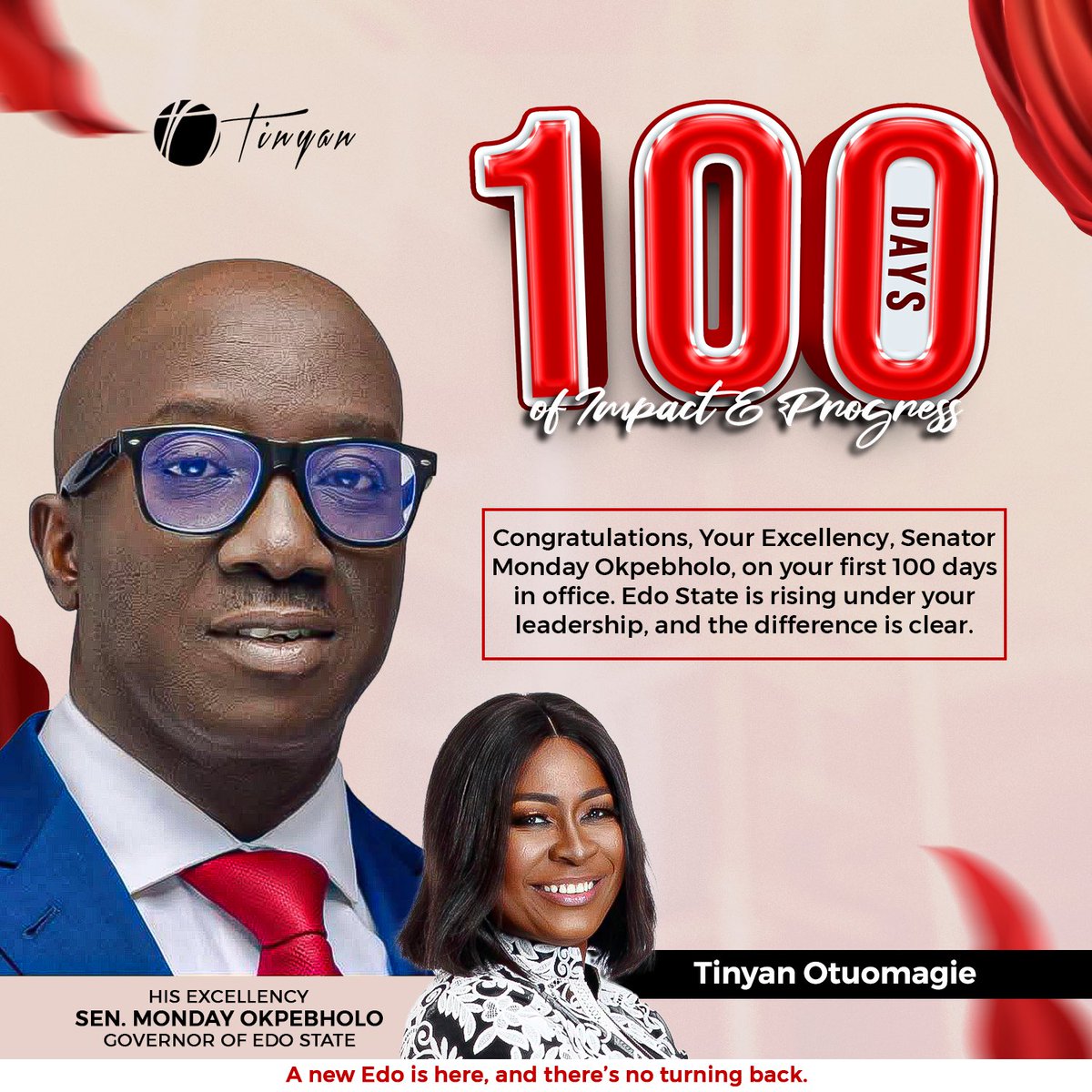 tinyanotuomagie's tweet photo. CONGRATULATIONS TO GOVERNOR MONDAY OKPEBHOLO ON 100 DAYS IN OFFICE: A NEW EDO HAS RISEN

One hundred days may seem like a short time, but in just that span, His Excellency, Senator Monday Okpebholo, has already set Edo State on a transformative path. It’s not just about the roads being constructed, the flyovers taking shape, or the progress in education, healthcare, security, and infrastructure. There is something even more powerful at play, something we can all feel in the air. For the first time in years, the weight of political division has lifted. The dark cloud of tension and hostility that once loomed over our state has cleared. Edo people, once divided by party lines, are reconnecting. There is joy, laughter, and a renewed sense of unity. The energy is different, and you can see it on the faces of everyday citizens.

From day one, Governor Okpebholo hit the ground running, not with empty words, but with purpose-driven action. We see it. We feel it. His leadership is not about rhetoric; it is about results, tangible, visible, and measurable. Roads are being built, schools and hospitals are receiving much-needed attention, infrastructure is taking shape, and even primary school teachers have received long-overdue promotions. The people of Edo State are not just hearing about governance; they are experiencing it firsthand. And while some may choose to remain cynical, refusing to acknowledge progress, the truth is simple, development does not ask for permission. It does not require political allegiance. It simply delivers. Whether critics admit it or not, they will still walk on the newly constructed roads, benefit from improved healthcare, and experience the dividends of a leadership that works. The impact of true governance is undeniable, and Governor Okpebholo is proving it every single day.

Your Excellency, having a governor who genuinely cares about the people is a breath of fresh air. For the first time in a long while, all Edo citizens, regardless of social class, are beginning to enjoy the dividends of good governance. We see your commitment, we appreciate your efforts, and we celebrate this milestone with you. Edo State is not just moving forward, it is rising with joy. A new Edo is here, and there is no turning back. Congratulations, Your Excellency, on 100 days of action, impact, and a government that truly serves its people.

Tinyan Otuomagie 

#100DaysOfAction
#GovernorOkpebholo
#LeadershipThatDelivers
#ANewEdoHasRisen
#SMO