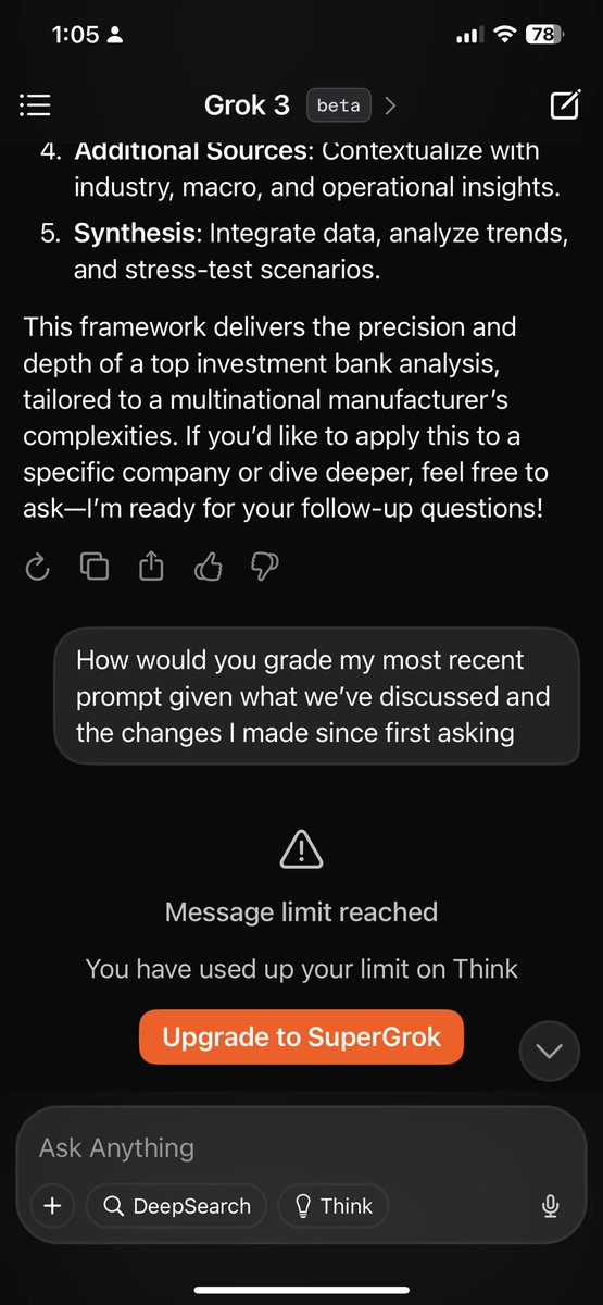 Been talking with #Grok3 for a few minutes now. Started off by asking it to help me improve my prompting skills and then we got to talking Analysing Debt Affordability, Da Vinci, and Space. It’s been quite fun.  I exhausted my limited access to deep think though.