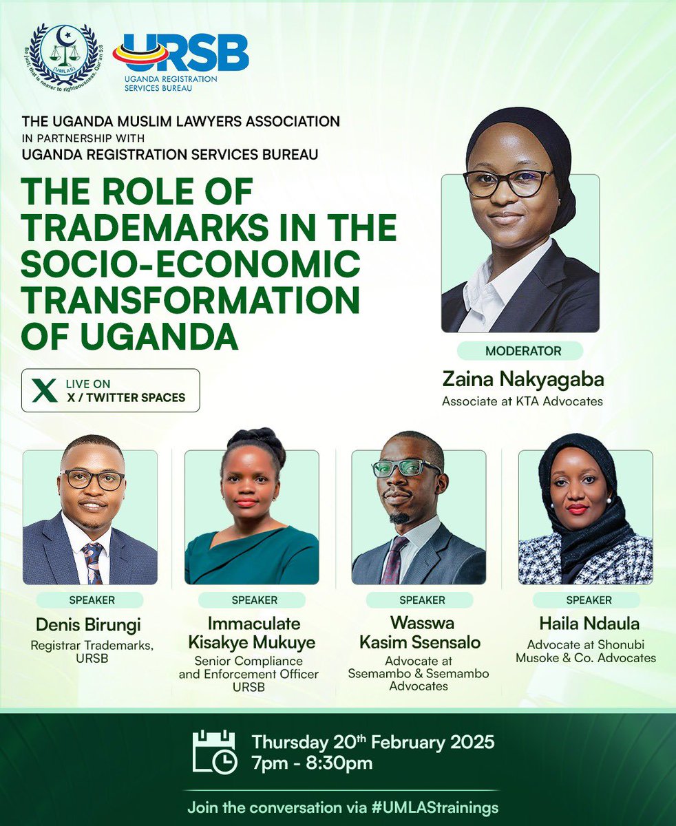 Join the conversation on The Role of Trademarks in the Socio-Economic Transformation of Uganda—live on X/Twitter Spaces at 7 PM using the link x.com/i/spaces/1YqJD…

Engage with industry experts from URSB and the legal fraternity as they break down the impact of trademarks on