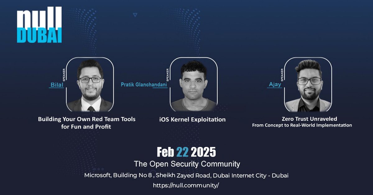 nullDubai (@nulldubai) on Twitter photo 🚀 Exciting news! 🚀 Join us for the Null Dubai chapter Monthly Meet on Feb 22, 2025, at the <a href="/MicrosoftUAE/">Microsoft UAE</a> venue. 🔒 Get ready for an electrifying lineup of talks that will keep you on the edge of your seat! <a href="/null0x00/">null - The Open Security Community</a>
Register :null.community/events/1106-du… 🚀 Exciting news! 🚀 Join us for the Null Dubai chapter Monthly Meet on Feb 22, 2025, at the <a href="/MicrosoftUAE/">Microsoft UAE</a> venue. 🔒 Get ready for an electrifying lineup of talks that will keep you on the edge of your seat! <a href="/null0x00/">null - The Open Security Community</a>
Register :null.community/events/1106-du…