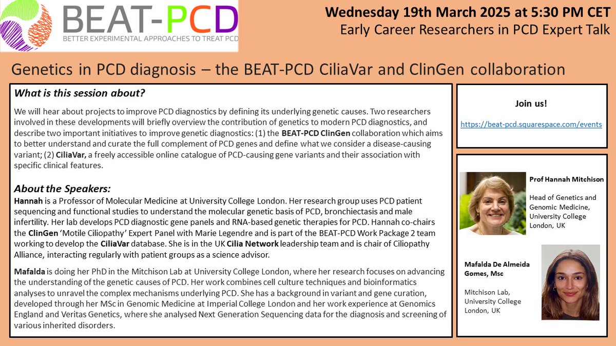 Yin Ting Lam (@yinting_lam) on Twitter photo Join us next month when our experts <a href="/HMitchison80989/">Hannah Mitchison</a> and Mafalda de Almeida Gomes tell us what's new in genetics for #PCD diagnosis.
To register 👉beat-pcd.squarespace.com/events
<a href="/beatpcd/">BEAT-PCD (ERS CRC)</a> @Mineyuksel33 <a href="/EarlyCareerERS/">ERS Early-Career Members</a> <a href="/ucl/">UCL</a> Join us next month when our experts <a href="/HMitchison80989/">Hannah Mitchison</a> and Mafalda de Almeida Gomes tell us what's new in genetics for #PCD diagnosis.
To register 👉beat-pcd.squarespace.com/events
<a href="/beatpcd/">BEAT-PCD (ERS CRC)</a> @Mineyuksel33 <a href="/EarlyCareerERS/">ERS Early-Career Members</a> <a href="/ucl/">UCL</a>