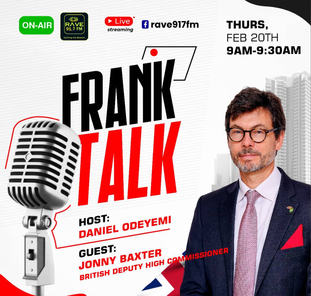 🇬🇧 Deputy high commissioner <a href="/JonnyBaxterFCDO/">Jonny Baxter</a> will be live on <a href="/rave917fm/">Rave 91.7 FM</a> today at 9:00am to discuss his official visit to Osun State, UK-Nigeria bilateral relations, and priorities between the UK and Osun State. 

Tune in live: ravefmng.com
<a href="/dannyoddy/">Daniel Odeyemi | IdanOluwa #restructurenigeria</a>.