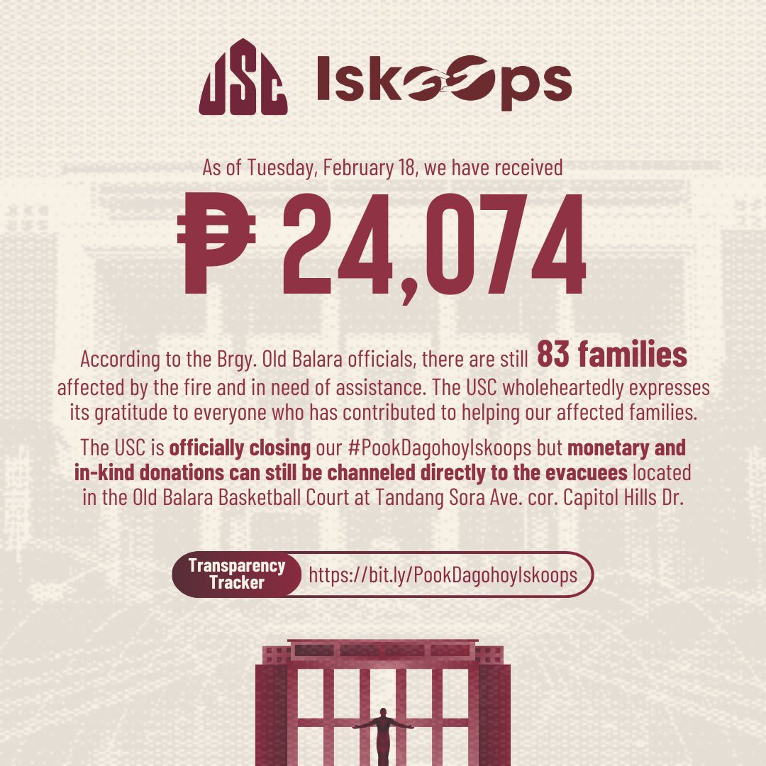 USCUPDiliman's tweet photo. #IskoOps | Update and Call for Volunteers
As of February 18, 12:00am, the USC has gathered a total of Php 24,074 worth of monetary donations, which shall be used to purchase and pack relief goods for the affected families of last month’s Old Balara and Pook Dagohoy fires. https://t.co/B0y5mdROEL