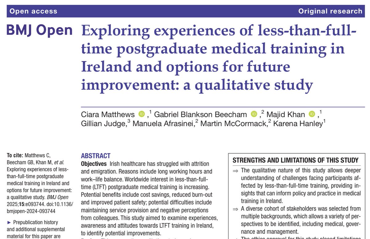 🚨 New research alert 🚨

Our study in <a href="/BMJ_Open/">BMJ_Open</a>  examines experiences of less-than-full-time (LTFT) postgraduate medical training in Ireland.

bmjopen.bmj.com/content/15/2/e…

Short 🧵 on why LTFT matters for training, burnout, and the future of the workforce. #MedTwitter #irishmed

1️⃣