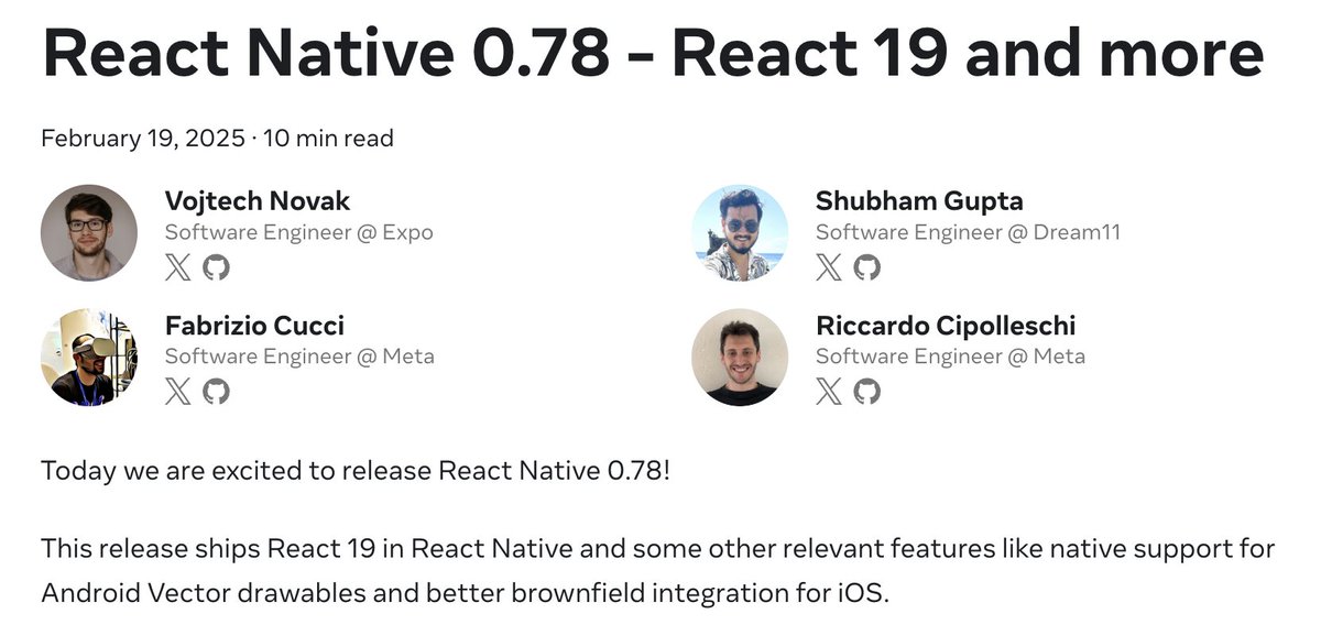 It was an amazing experience contributing to the React Native 0.78 release testing! 🚀
Huge thanks to <a href="/Dream11Engg/">Blog</a>  for this opportunity and to <a href="/cortinico/">Nicola Corti</a>  &amp; <a href="/CipolleschiR/">Riccardo Cipolleschi</a>  from the RN team for your support.
Always exciting to be part of the open-source community!🤩