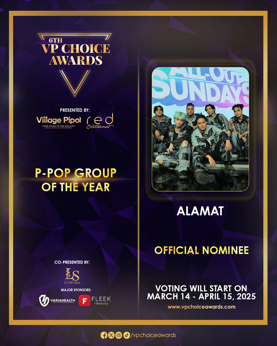 Congratulations, <a href="/Official_ALAMAT/">ALAMAT ᜀᜎᜋᜆ᜔ 🇵🇭</a>, for being an official #6thVPChoiceAwards nominee for P-Pop Group of the Year.

For more details, visit: vpchoiceawards.com/nominees #6thVPCANomineesReveal #6thVPCA #VPChoiceAwards