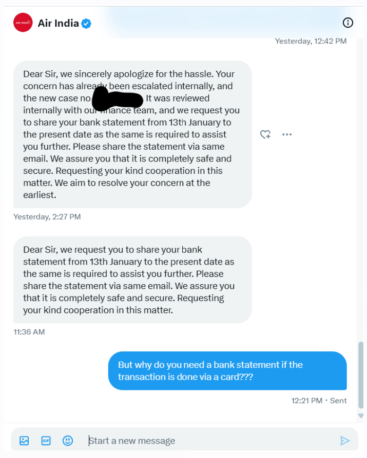 iamrnman1's tweet photo. @airindia I understand that you replied via DM. But you understand that I don't want to share bank details if the transaction's not via bank? Also, you can share ARN details if you are claiming that you have processed the refund. Also, why do you need statement till date? https://t.co/jhQ6dhjq5k