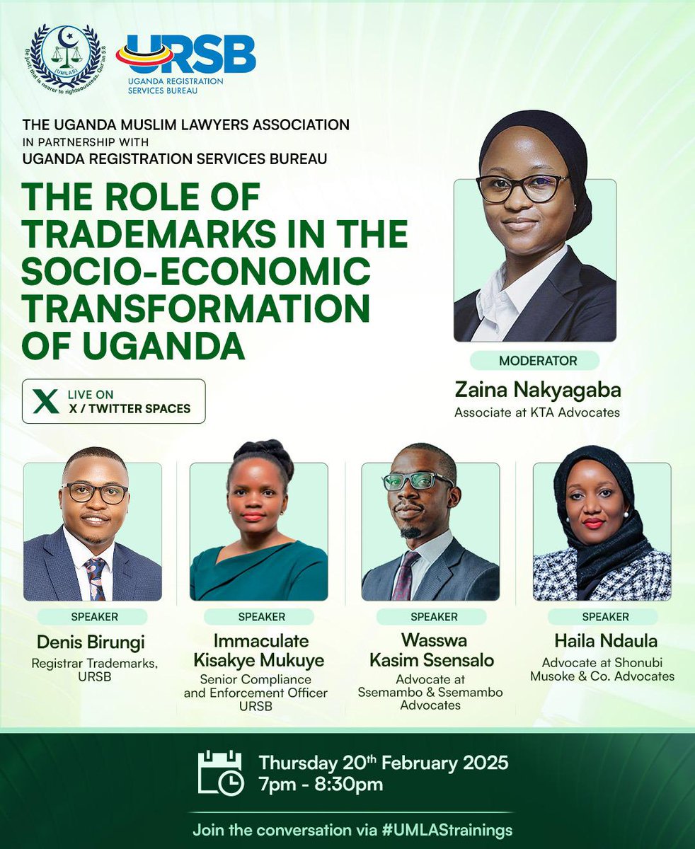 KTA Advocates (@kta_law) on Twitter photo Join the conversation on The Role of Trademarks in the Socio-Economic Transformation of Uganda moderated by our associate <a href="/NakyagabaZ/">ZAINA NAKYAGABA</a> live on X/Twitter Spaces at 7 PM.
x.com/i/spaces/1YqJD…
#ImpactingLives Join the conversation on The Role of Trademarks in the Socio-Economic Transformation of Uganda moderated by our associate <a href="/NakyagabaZ/">ZAINA NAKYAGABA</a> live on X/Twitter Spaces at 7 PM.
x.com/i/spaces/1YqJD…
#ImpactingLives