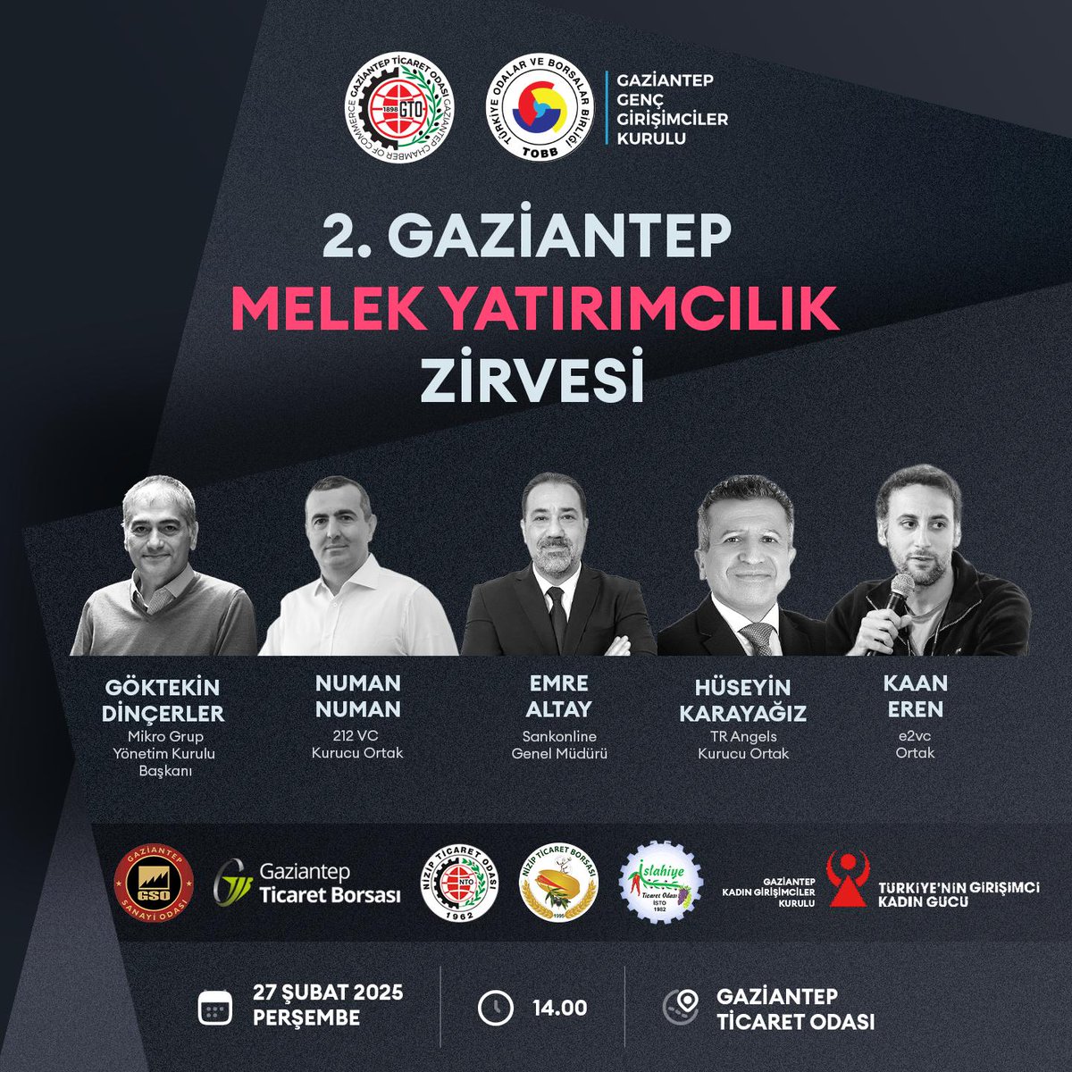 ➡️ 2. GAZİANTEP MELEK YATIRIMCILIK ZİRVESİ

📣 Gaziantep Ticaret Odası (GTO) koordinasyonunda faaliyetlerini yürüten TOBB Gaziantep Genç Girişimciler Kurulu, ilkini geçtiğimiz yıl başarıyla gerçekleştirdiği "Gaziantep Melek Yatırımcılık Zirvesi"nin 2.sini yenilenmiş konseptiyle