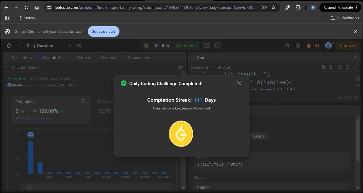Pratikshak19332's tweet image. 🎊Day 141 – @LeetCode  Challenge! 
✅Problem: Find a Different Binary String

 Approach: Used Cantor’s diagonalization, flipping nums[i][i] (0 → 1, 1 → 0) to generate a unique string in O(N) time.

Shoutout to @CSwithMIK for the inspiration! 🙌

#CodeStoryWithMik