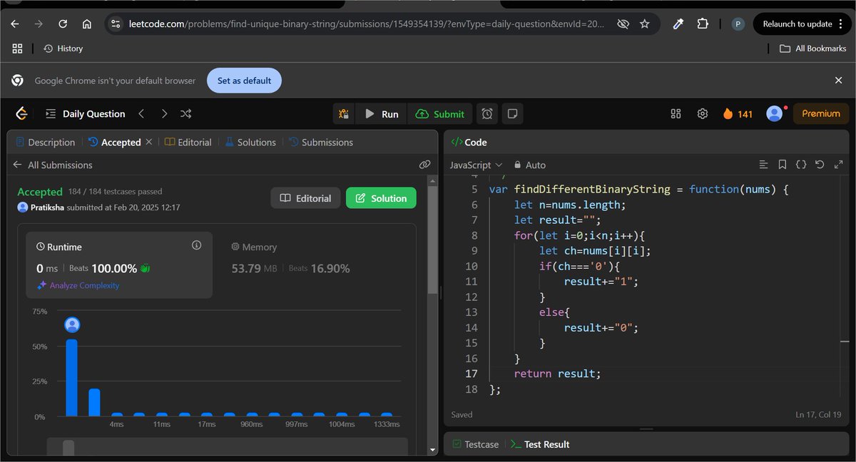 Pratikshak19332's tweet image. 🎊Day 141 – @LeetCode  Challenge! 
✅Problem: Find a Different Binary String

 Approach: Used Cantor’s diagonalization, flipping nums[i][i] (0 → 1, 1 → 0) to generate a unique string in O(N) time.

Shoutout to @CSwithMIK for the inspiration! 🙌

#CodeStoryWithMik