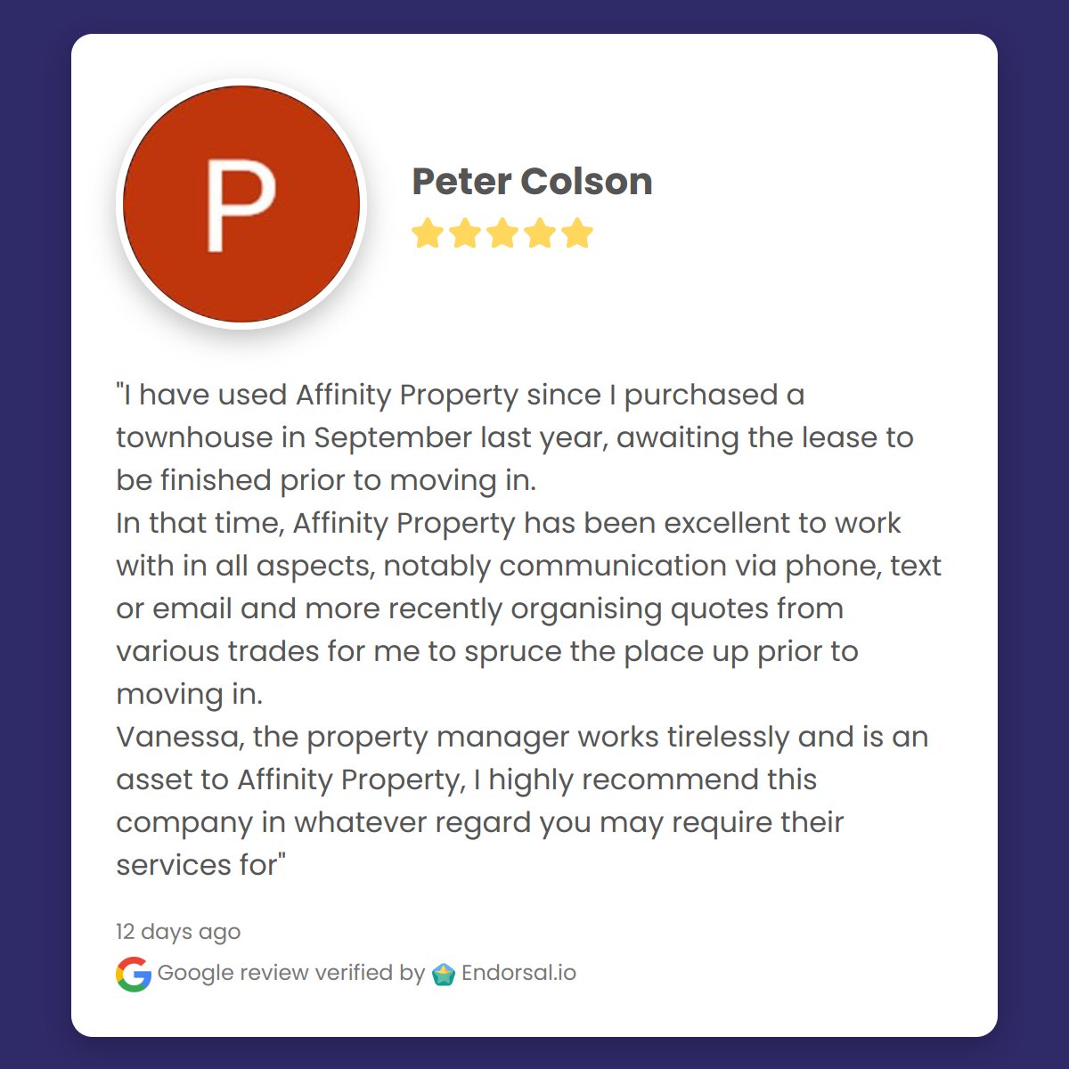 AffinityAus's tweet image. Thank you Peter Colson for sharing your feedback on Affinity Property.  It has been a pleasure helping you with your property.