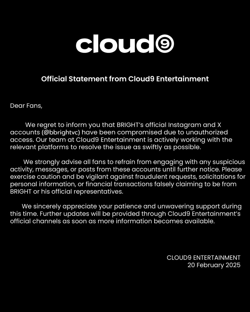 แถลงการณ์จาก Cloud9 Entertainment

เราขอแจ้งให้ทราบว่า บัญชี Instagram และ X อย่างเป็นทางการของ BRIGHT (<a href="/bbrightvc/">bright</a>) ได้ถูกเข้าถึงโดยไม่ได้รับอนุญาต ทีมงาน Cloud9 Entertainment กำลังดำเนินการร่วมกับแพลตฟอร์มที่เกี่ยวข้องเพื่อแก้ไขปัญหานี้อย่างเร่งด่วนที่สุด

เราขอให้แฟน ๆ