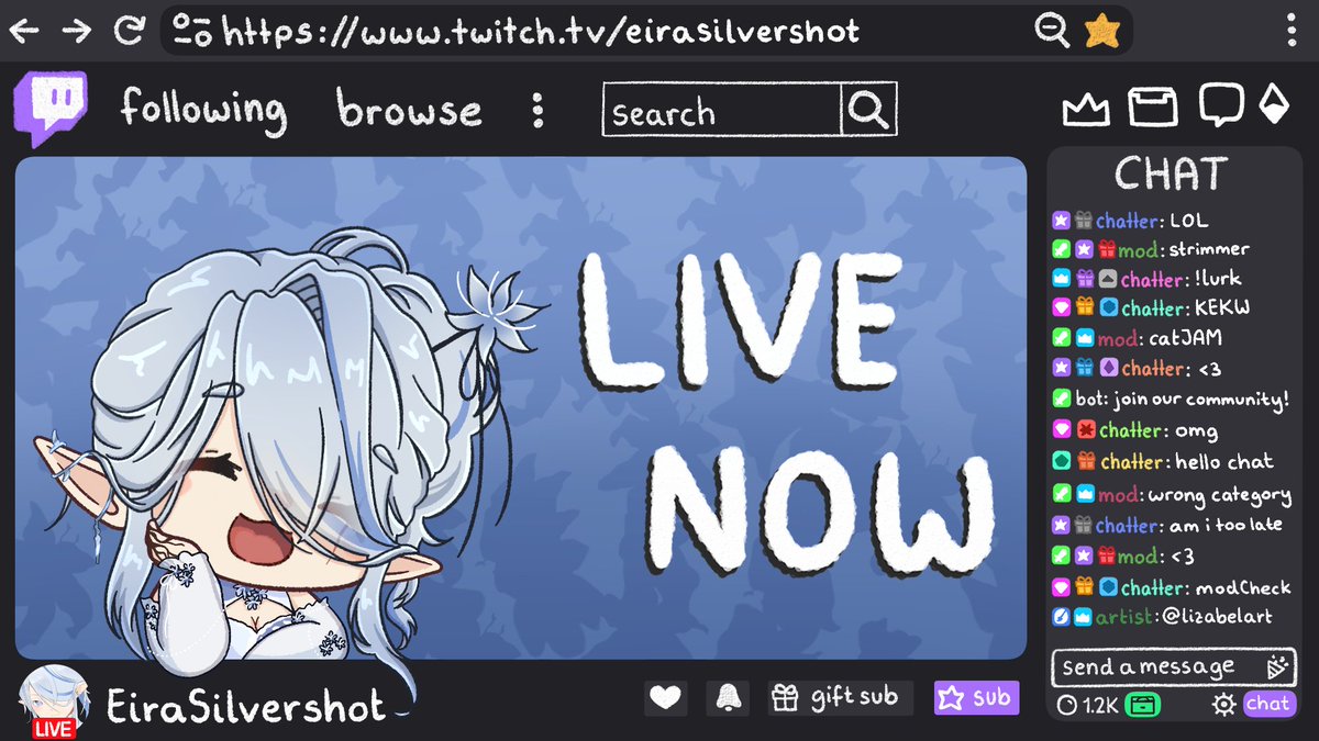 eirasilvershot's tweet photo. ╰▸ ❝ [ L I V E   N O W  🔴 ] ❞
I'm live on purple site right now, probably gonna try my hand on Valorant Ranked again!
Come and catch me?
https://t.co/l551G9xgDU

(All say THANK YOU to Raizo for this cutiepie cuz AHHHHHHH its so adorable!!!!)
🎨: @/lizabelart 
#creirativity https://t.co/9tVFrXUs0M