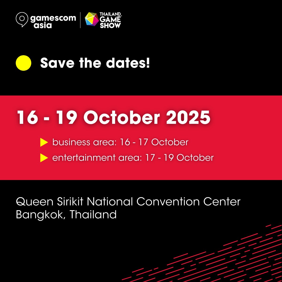 gamescomasia's tweet image. After 4 editions in Singapore, gamescom asia is joining forces up with Thailand Game Show and moving to Bangkok, Thailand! 🇹🇭
📍 Queen Sirikit National Convention Center
📅 16 - 19 Oct 2025
👉 Read full press release: gamescom.asia/media/press-re…
#gamescomasia #thailandgameshow