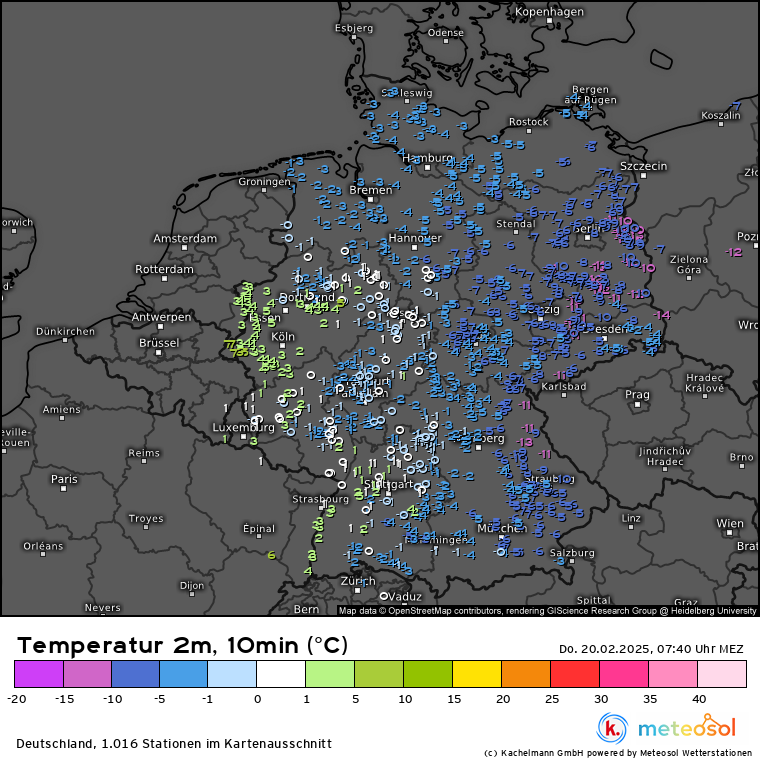Kachelmannwettr's tweet photo. +++ 21 Grad Unterschied aktuell in D +++ in unserem erweiterten #Meteosol-Messnetz: +7 Grad in Gangelt (NRW, Kreis Heinsberg) und -14 Grad in Rothenburg-Steinbach (Oberlausitz). Details für Plus-Abonnenten: https://t.co/T6gxOCklPY /FA https://t.co/V5K73kpbhN