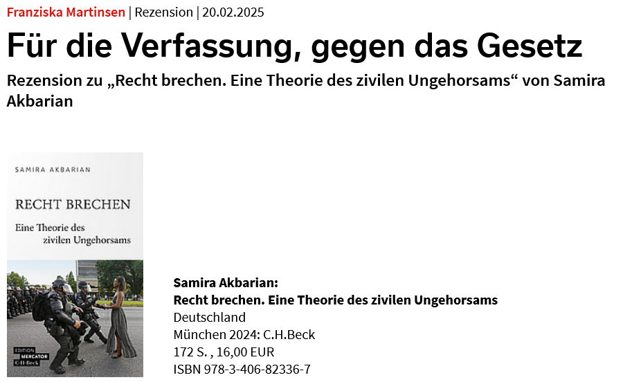 Soziopolis's tweet photo. Inwieweit ist ziviler Ungehorsam mit Demokratie und Rechtsstaat vereinbar? Samira Akbarian fragt nach Kriterien für emanzipative Formen von Gesetzesverstößen. Franziska Martinsen hat „Recht brechen. Eine Theorie des zivilen Ungehorsams“ gelesen: https://t.co/q5tYkGtKfo