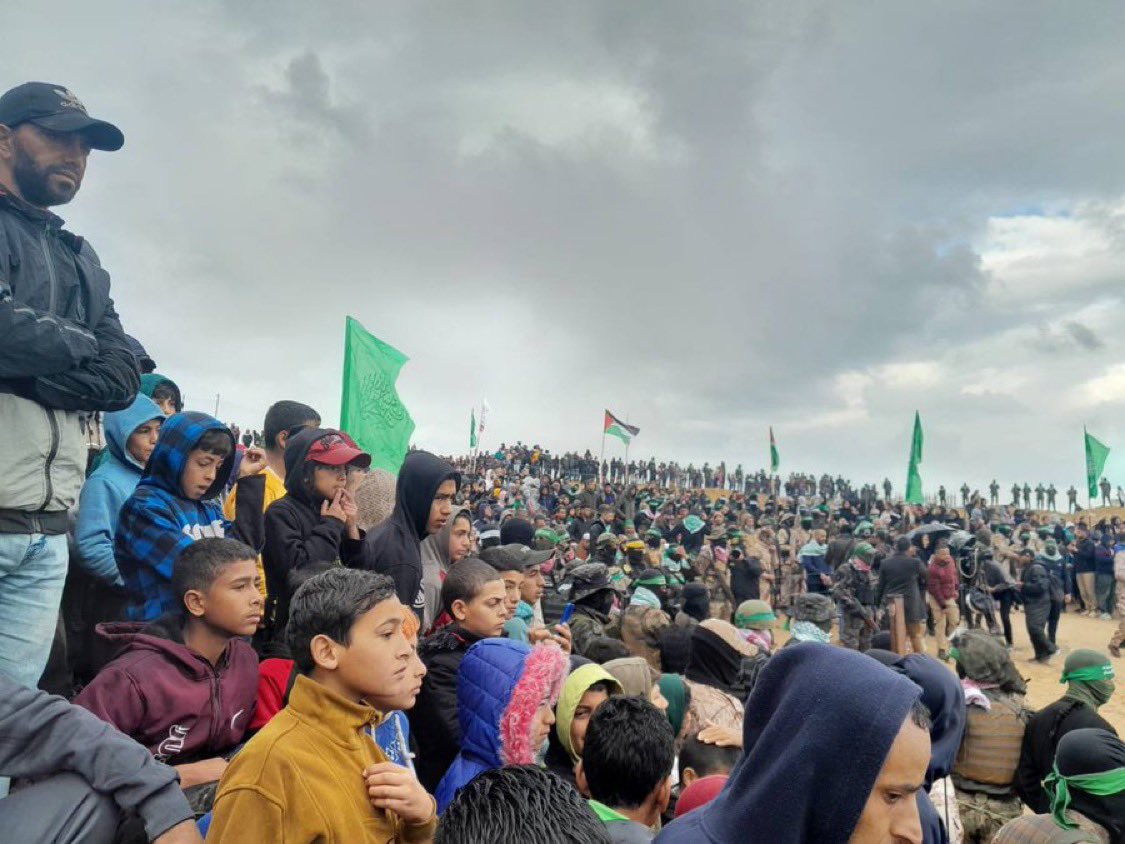 Israel's tweet photo. The masses in Gaza have gathered to celebrate the murder of four Israeli civilians. 

This is what children in Gaza are taught to aspire to. https://t.co/hvg4lAKvb2
