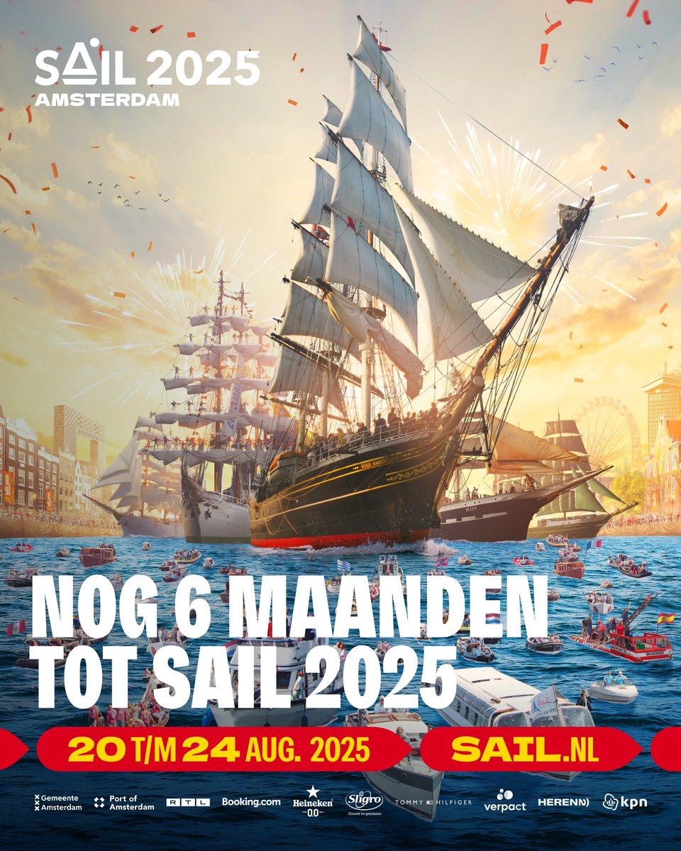 Het aftellen kan beginnen: nog een half jaar tot #SAIL2025! ⛵🎉 Precies 6 maanden tot schepen, crewleden én bezoekers uit alle windrichtingen samenkomen in Amsterdam voor de 10e SAIL. Een feest voor iedereen dat jong en oud uit alle culturen verbindt 🫶Ben jij erbij? #MakeAWave
