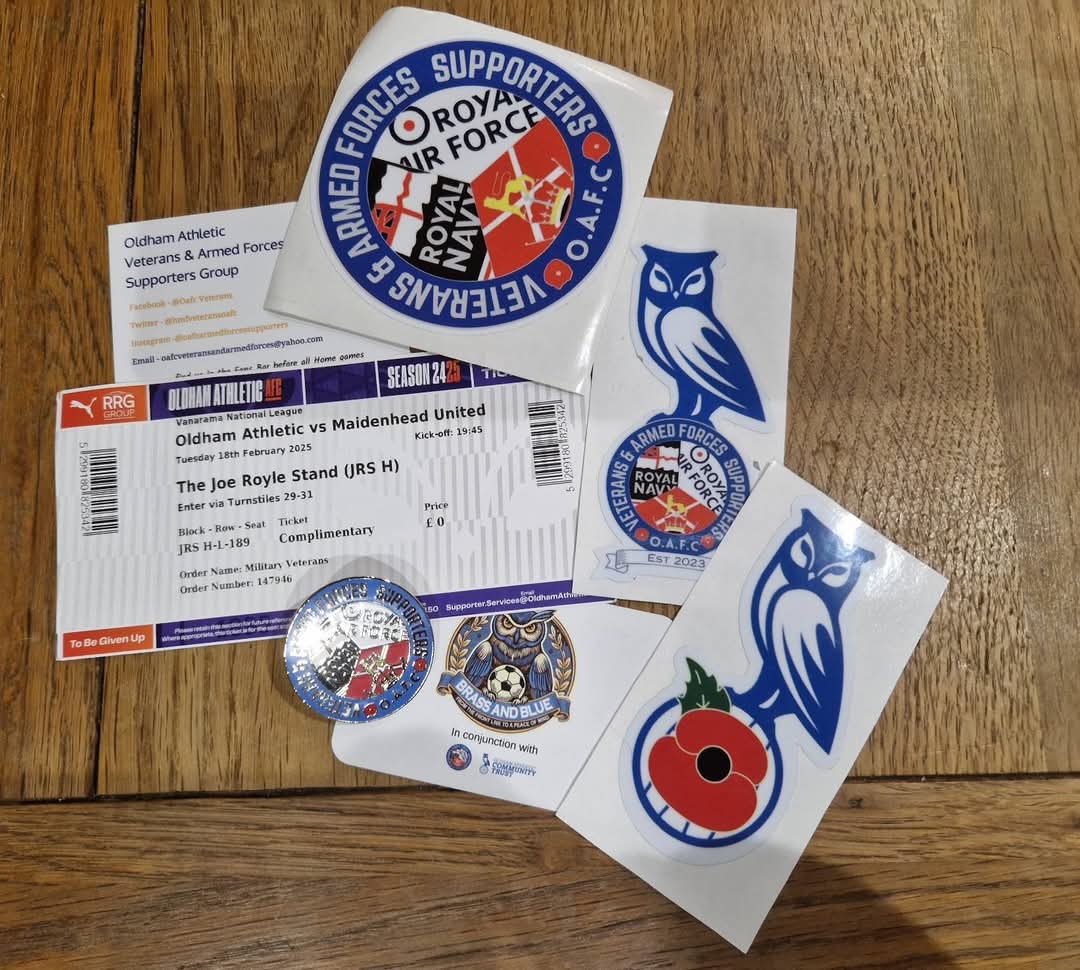 Claire Squires (@clw4158) on Twitter photo A huge thanks to <a href="/HMFVETERANSOAFC/">OAFC Veterans & Brass and Blue</a> for their invitation to Boundary Park on Tuesday. It was great to meet up and meet other veterans . We took a <a href="/TraffordVetsUK/">Trafford Veterans CIC</a> number plate and they kindly gave us veterans badges & stickers!
We look forward to seeing you again soon ! A huge thanks to <a href="/HMFVETERANSOAFC/">OAFC Veterans & Brass and Blue</a> for their invitation to Boundary Park on Tuesday. It was great to meet up and meet other veterans . We took a <a href="/TraffordVetsUK/">Trafford Veterans CIC</a> number plate and they kindly gave us veterans badges & stickers!
We look forward to seeing you again soon !