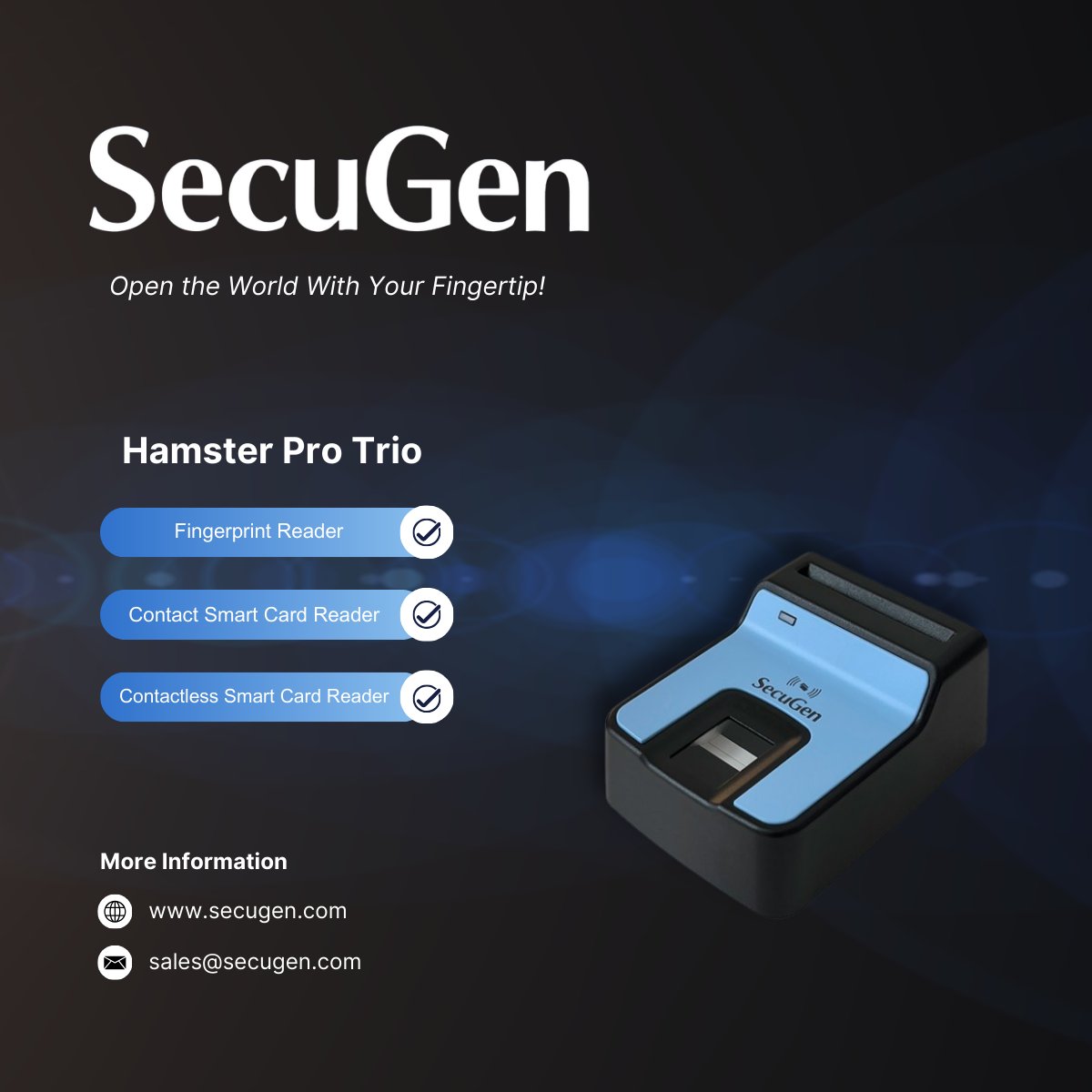 SecuGenCorp's tweet image. Are you looking for a versatile #biometrics authentication solution? The Hamster Pro Trio combines a fingerprint sensor with contact and contactless smart card readers, making it the ideal choice for secure, multi-factor authentication.

#smartcardreader #fingerprintsensor