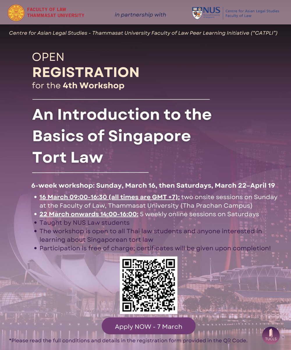 The Centre for Asian Legal Studies is delighted to announce that sign-ups for the workshop titled 'An Introduction to the Basics of Singapore Tort Law' is now open!

Sign up now at: docs.google.com/forms/d/e/1FAI…

To learn more about CATPLI: law.nus.edu.sg/cals/cals-tu-p…