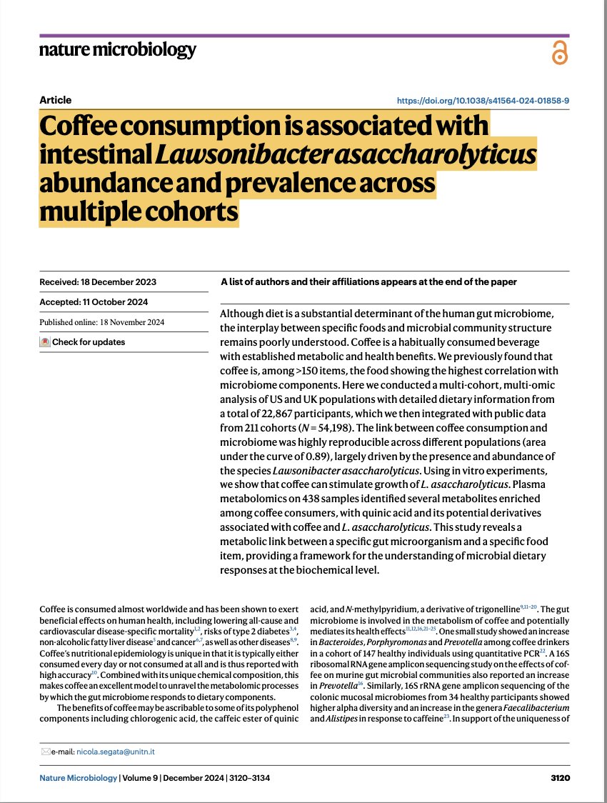 Muchos estudios relacionan el café con beneficios en la salud. Ahora se descubre una potente relación entre el café y la microbiota intestinal, en especial la bacteria Lawsonibacter asaccharolyticus, productora de butirato y favorecedora de la digestion. nature.com/articles/s4156…