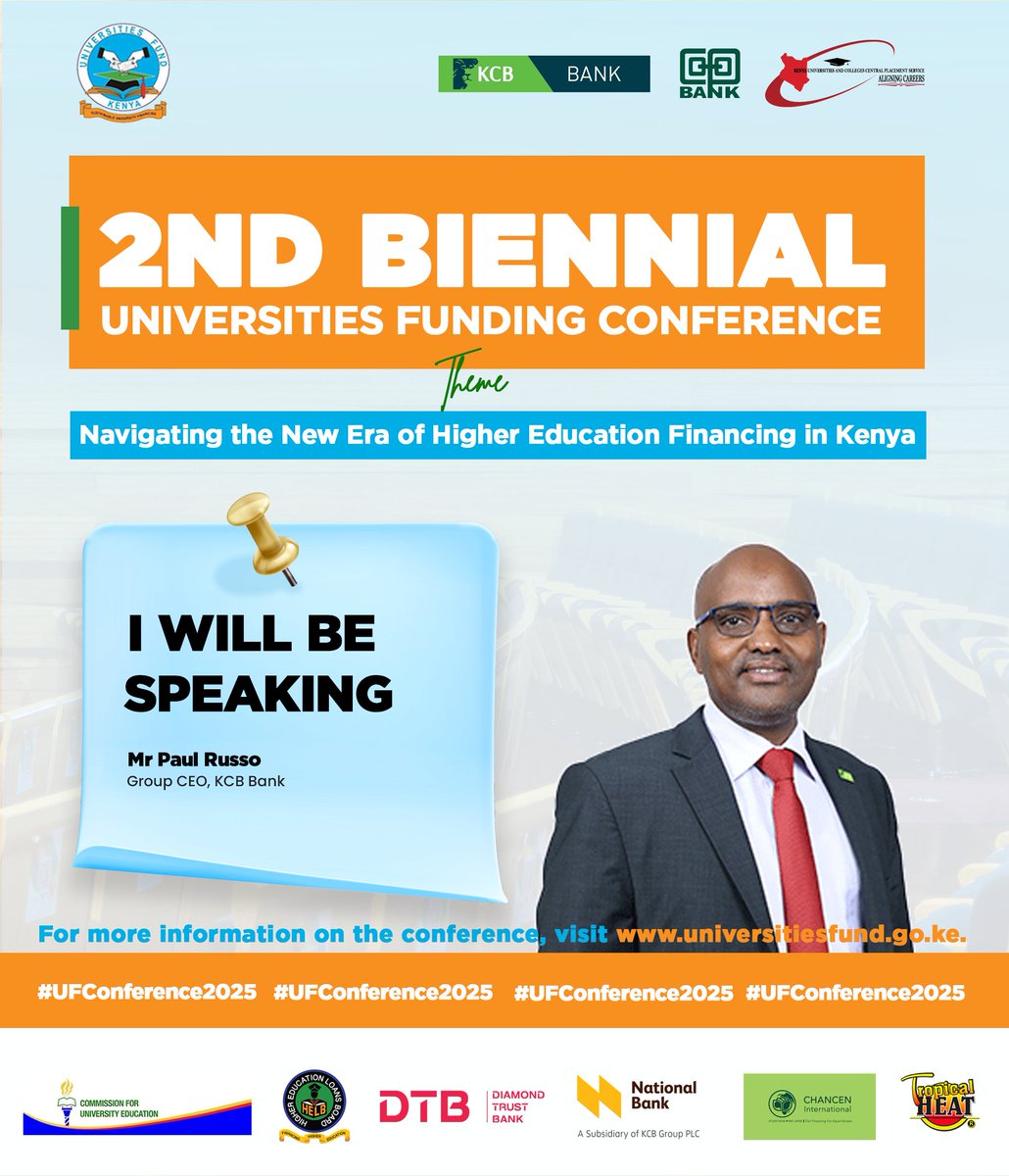 Universities Fund (@ufkenya) on Twitter photo Meet our speakers for the #UFConference2025.
Follow the conversation. Don’t miss out! @KCBGroup <a href="/DTBKenya/">DTB Kenya</a> <a href="/KUCCPS_Official/">The Placement Service</a> <a href="/HELBpage/">OFFICIAL HELB PAGE</a> <a href="/Coopbankenya/">Co-op Bank Kenya</a> <a href="/TropicalHeatGrp/">Tropical Heat Group</a> Meet our speakers for the #UFConference2025.
Follow the conversation. Don’t miss out! @KCBGroup <a href="/DTBKenya/">DTB Kenya</a> <a href="/KUCCPS_Official/">The Placement Service</a> <a href="/HELBpage/">OFFICIAL HELB PAGE</a> <a href="/Coopbankenya/">Co-op Bank Kenya</a> <a href="/TropicalHeatGrp/">Tropical Heat Group</a>