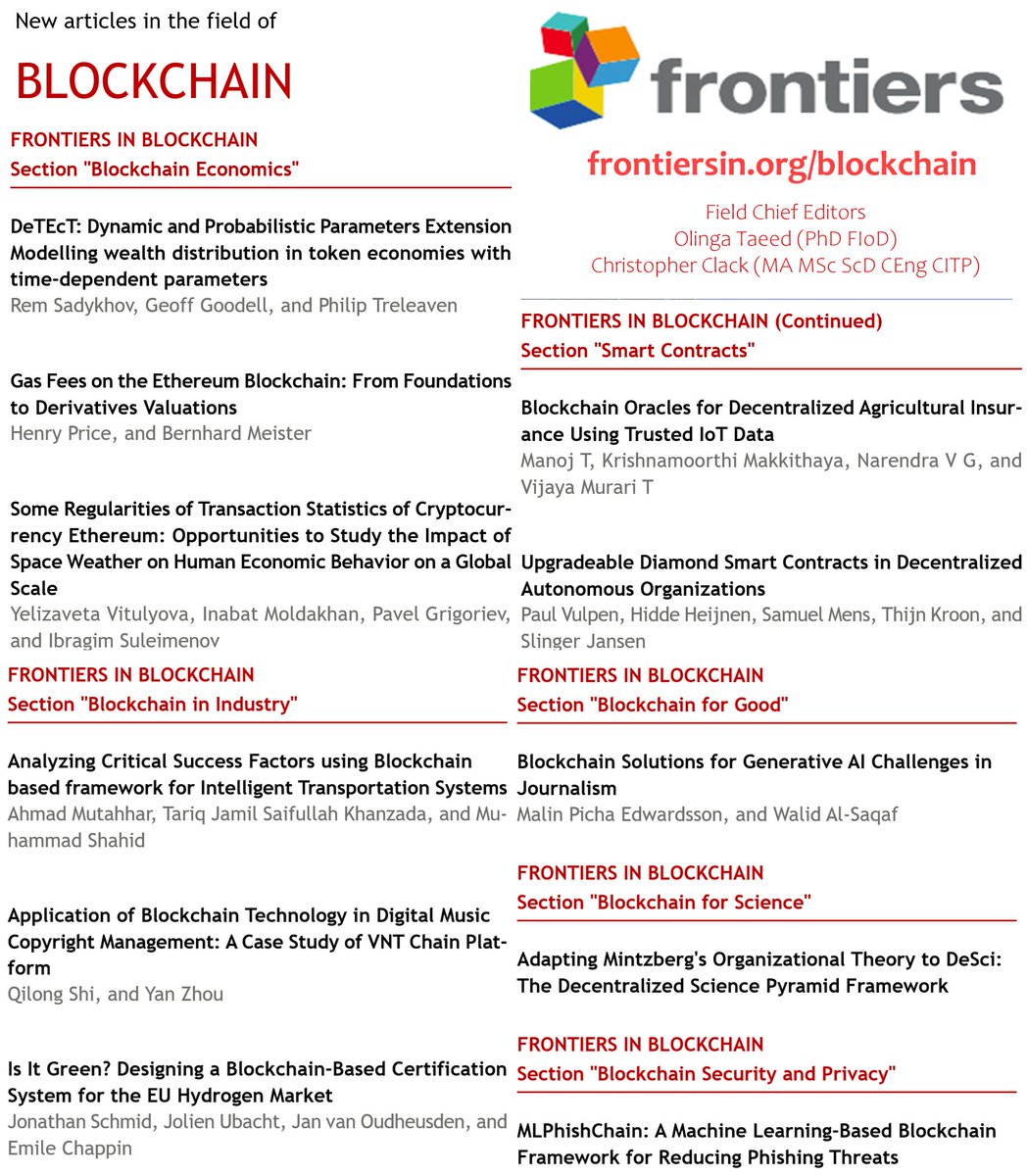 Frontiers in Blockchain is the world’s leading academic peer reviewed journal with 480+ editors across 44 countries and 9 sections covering Economics, Technologies, Science, Industry, Smart Contracts, Security and Privacy, Web3 &amp; the Metaverse, Financial, and Blockchain for Good