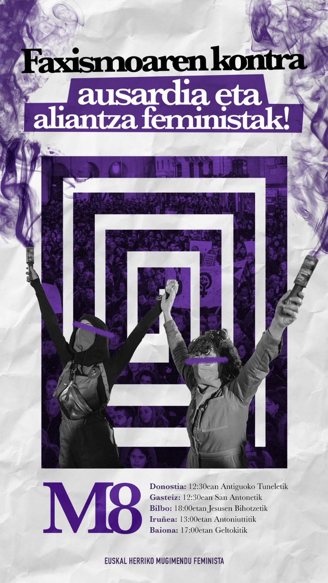 MARTXOAK 8

Euskal Herriko auzo eta herrietan mobilizazio gehigo. Adi ibili!

8 DE MARZO

¡Atentas a las movilizaciones en diferentes pueblos y barrios!

GORA BORROKA FEMINISTA!