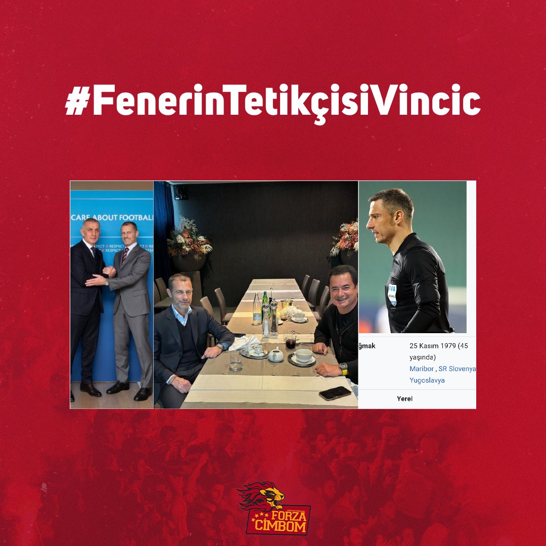 forzacimbom's tweet image. ‼️ #FenerinTetikçisiVincic 

- UEFA Başkanı Ceferin, Slovenyalı.
- Fenerbahçe yöneticisi Acun Ilıcalı, Slovenya'dan Maribor takımını satın aldı.
- TFF Başkanı geçtiğimiz hafta, UEFA başkanıyla buluştu.
- Galatasaray Fenerbahçe derbisine Mariborlu Vincic atandı.