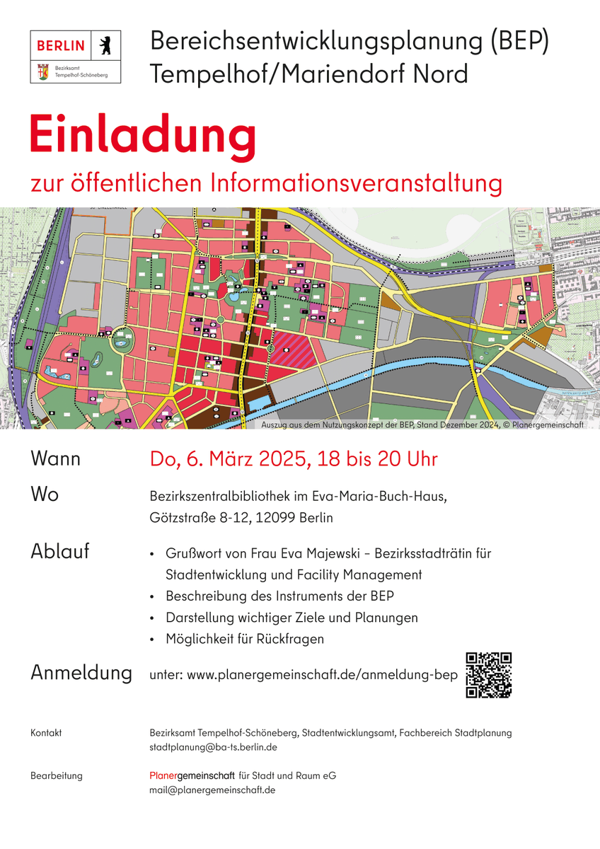 💡Infoveranstaltung zur Bereichsentwicklungsplanung (BEP) für #Tempelhof / #Mariendorf Nord.
Die BEP ist ein zentrales Instrument der Stadtplanung. Sie steuert die Flächennutzung strategisch und zeigt auf, wie sich der #Bezirk in Zukunft entwickeln kann.
<a href="/EvaMajewski/">Eva Majewski</a>