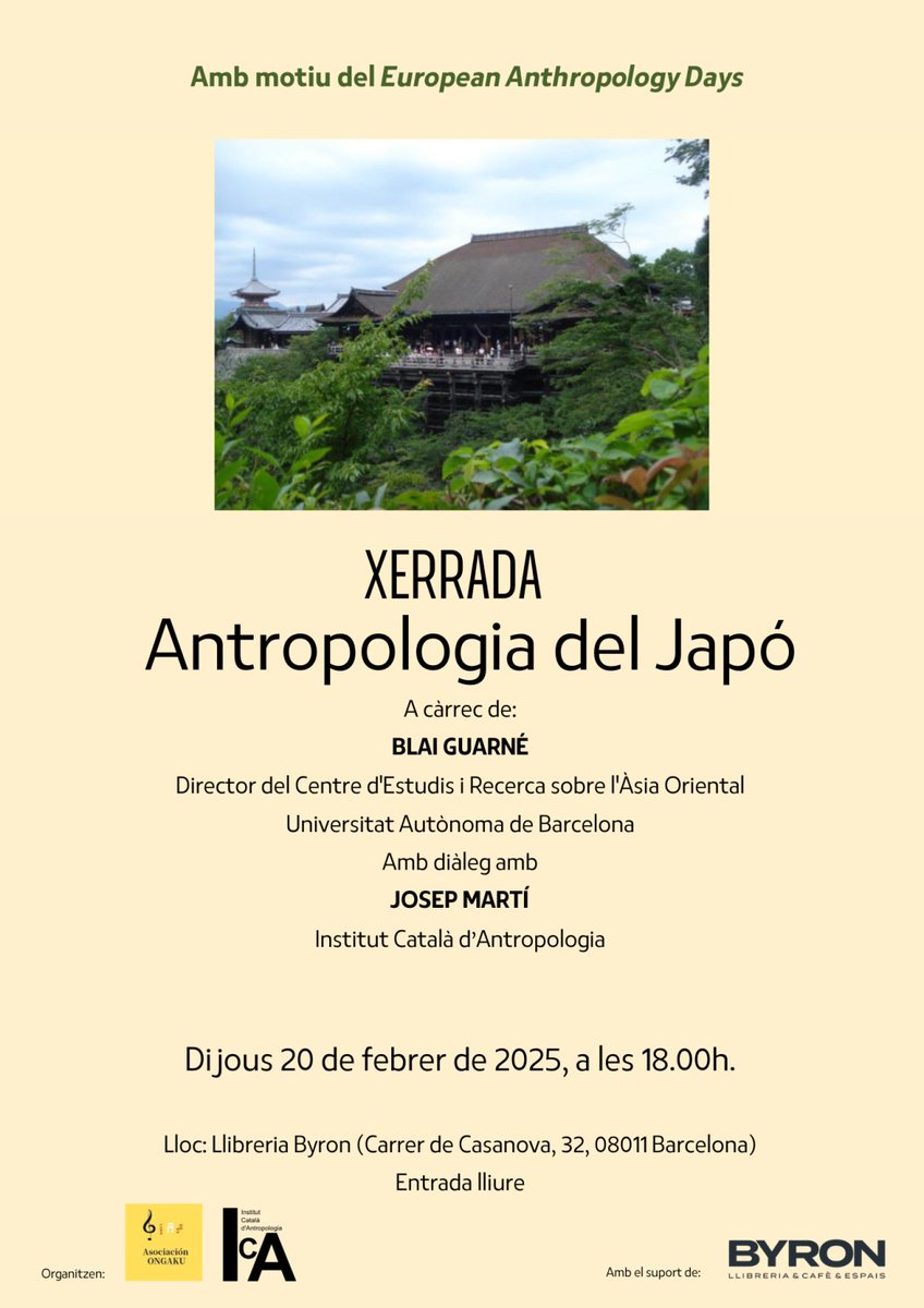 ICA (@antropologiacat) on Twitter photo Avui fem programació doble per celebrar 🥳🥳el Dia Europeu de l'Antropologia <a href="/EASAinfo/">EASA</a>
Us esperem a les 18.00h a l'<a href="/espailinia/">Espai Línia</a> per parlar sobre la crisi de l'habitatge i a la <a href="/byronllibreria/">Llibreria Byron</a> on farem una xerrada sobre Japó.
Entrada lliure🙂 Avui fem programació doble per celebrar 🥳🥳el Dia Europeu de l'Antropologia <a href="/EASAinfo/">EASA</a>
Us esperem a les 18.00h a l'<a href="/espailinia/">Espai Línia</a> per parlar sobre la crisi de l'habitatge i a la <a href="/byronllibreria/">Llibreria Byron</a> on farem una xerrada sobre Japó.
Entrada lliure🙂