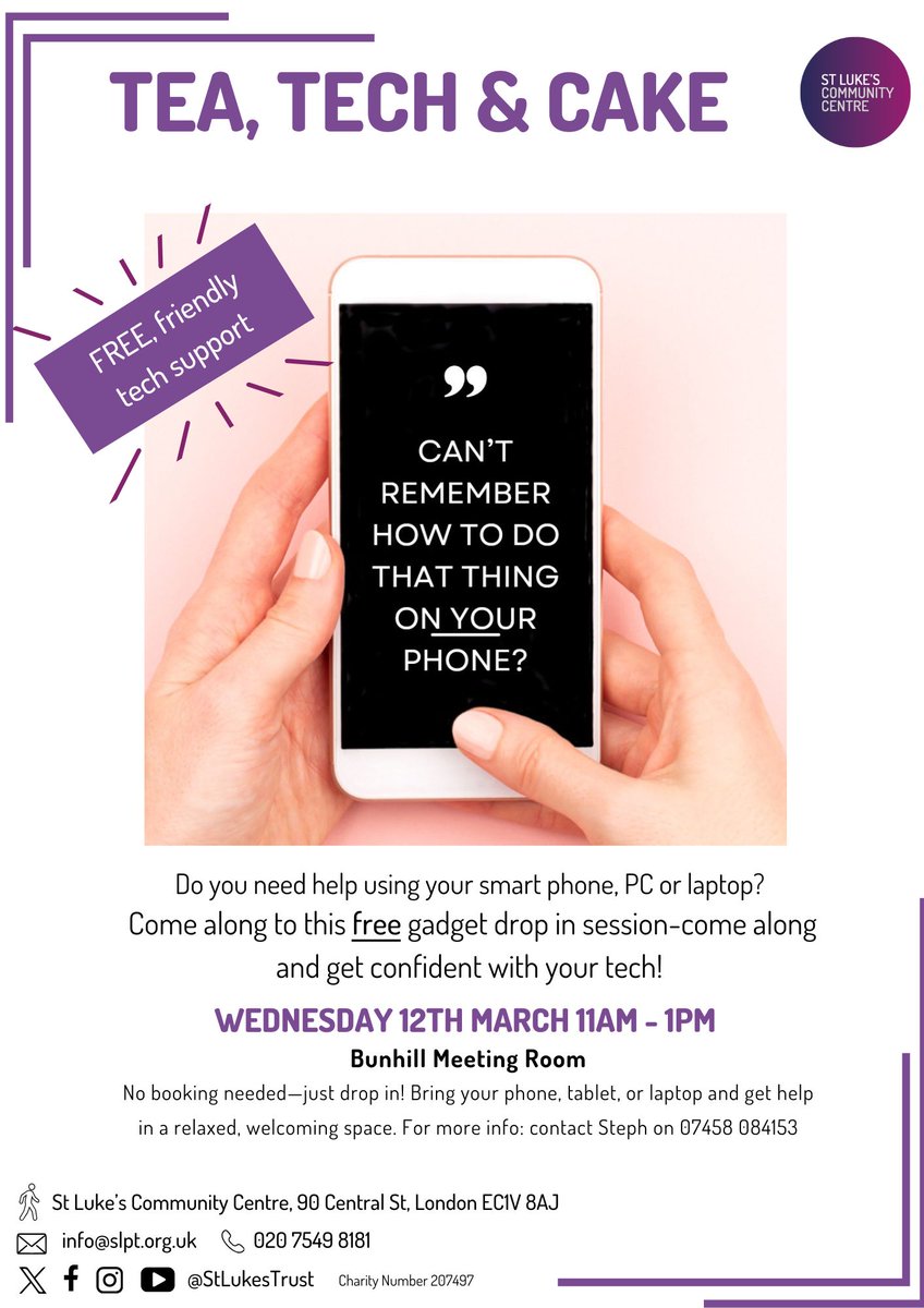 StLukesTrust's tweet image. 📅 Wednesday, 12th March
🕙 11:00 AM – 1:00 PM
📍 St Luke’s Community Centre (Bunhill Room)
Need help with your smartphone, PC, or laptop? Drop in for free tech support in a relaxed, welcoming space. No booking needed—just come along!
#TechSupport #FreeTechHelp #DigitalHelp