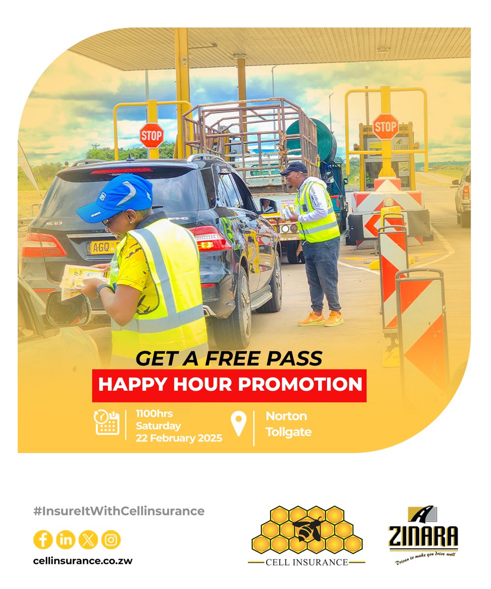 CellInsurance1's tweet image. Norton, are you READY?!  We're hitting your tollgate TODAY from 11:00 AM! FREE passes and GIVEAWAYS galore!
Renew your ZINARA license on the spot and be in the running to win one of the 50 Travel Kits! Promotion is running until 28 February 2025!
#CellInsurance #ZINARA #HappyHour