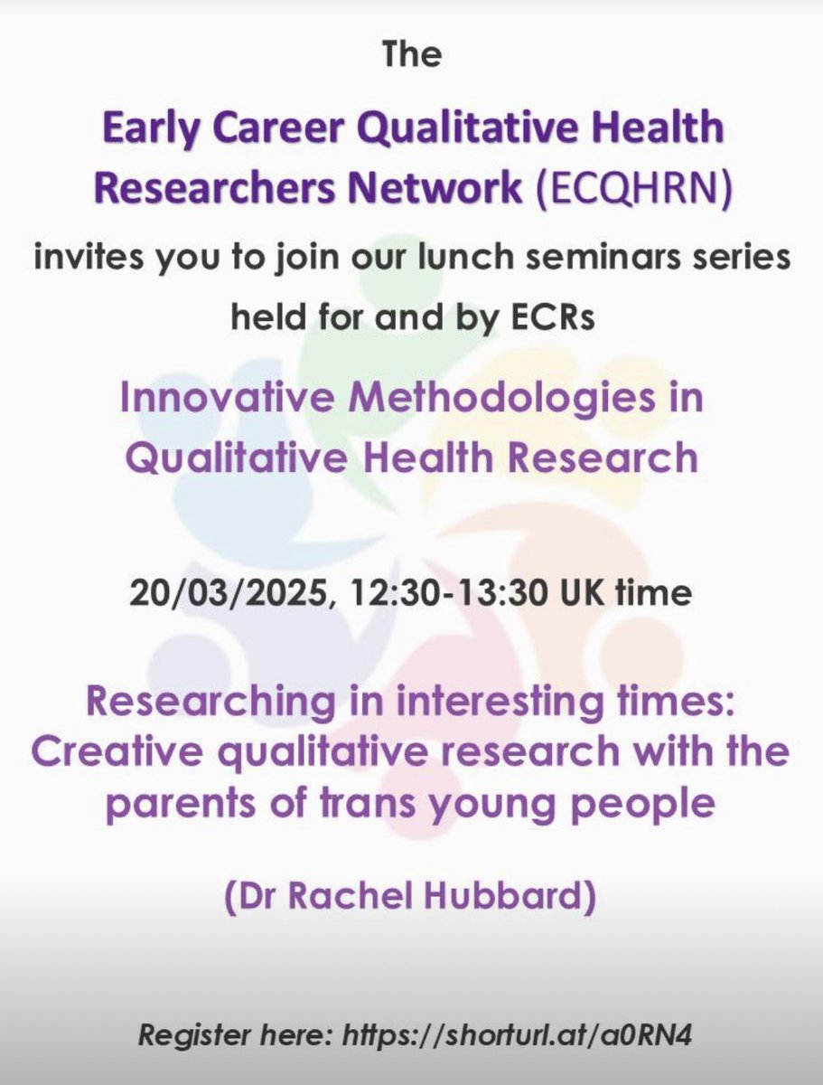 📢We are excited about our upcoming event in 'Innovative Methodologies in Qualitative Health Research': “Researching in interesting times: Creative qualitative research with the parents of trans young people” by Dr Rachel Hubbard. 20/3/25, 12:30-13:30 link shorturl.at/a0RN4