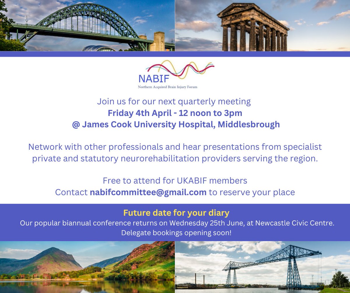 NABIF (@northernabif) on Twitter photo Reserve your place now for our next <a href="/NorthernABIF/">NABIF</a> quarterly meeting;
📅Friday 4th April, 12pm - 3pm
🗺️James Cook University Hospital, Middlesbrough
Quarterly meetings are free to attend for <a href="/UKABIF/">United Kingdom Acquired Brain Injury Forum</a> members. Please share with your network and email nabifcommittee@gmail.com to book Reserve your place now for our next <a href="/NorthernABIF/">NABIF</a> quarterly meeting;
📅Friday 4th April, 12pm - 3pm
🗺️James Cook University Hospital, Middlesbrough
Quarterly meetings are free to attend for <a href="/UKABIF/">United Kingdom Acquired Brain Injury Forum</a> members. Please share with your network and email nabifcommittee@gmail.com to book