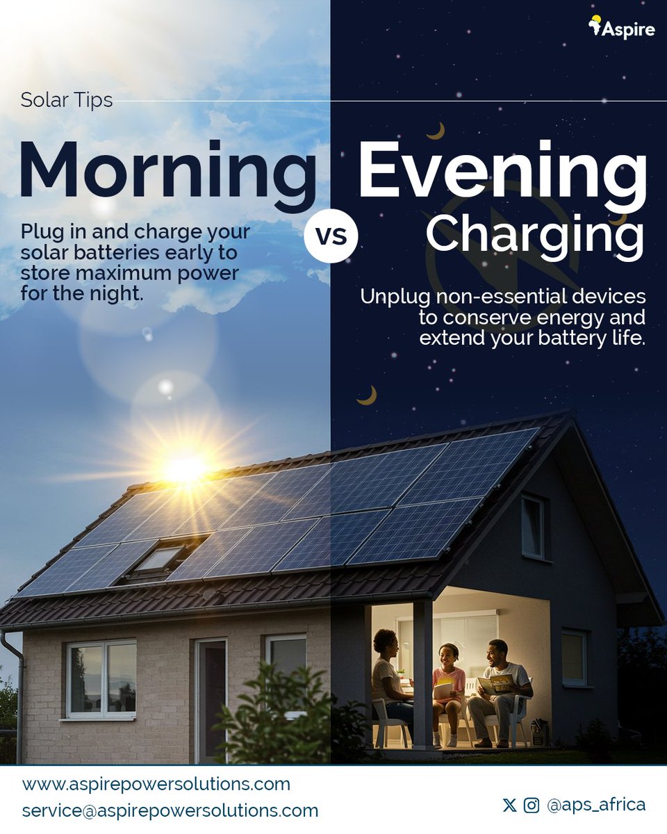 Charge your batteries early in the morning to store maximum energy, and unplug non-essential devices at night to conserve power and extend battery life. 

Start practicing these habits today for a more efficient energy system!

#aspirepowersolutions #solartips #solarcompany