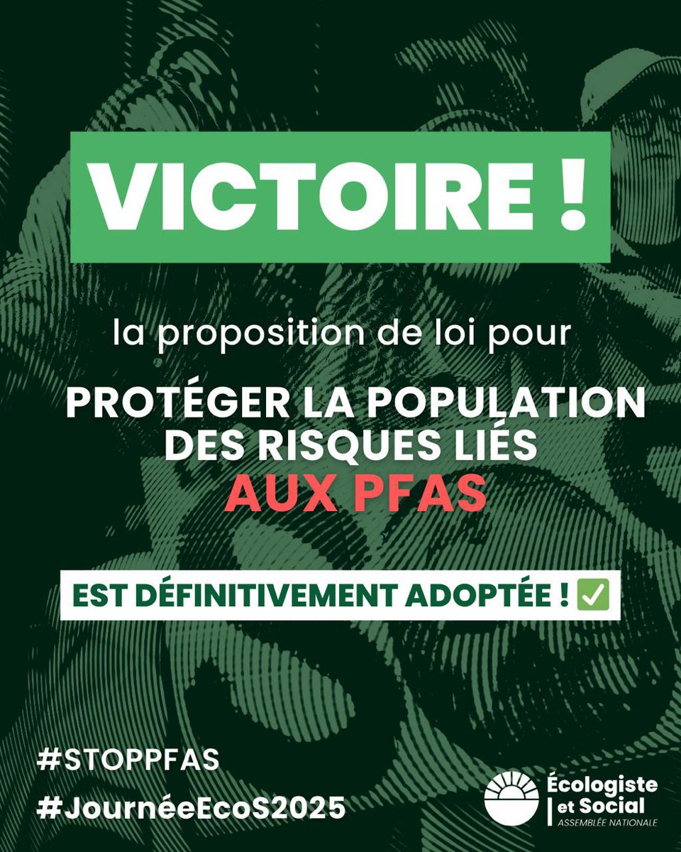K_BenCheikh's tweet photo. ✅Notre proposition de loi contre les polluants éternels est définitivement adoptée !
🙏 Merci à la mobilisation générale qui a permis de faire aboutir ce texte porté par mes collègues @MC_Garin et @nthierry !
#JourneeEcoS2025 #PFAS #StopPfas https://t.co/CdHkDtAyE5