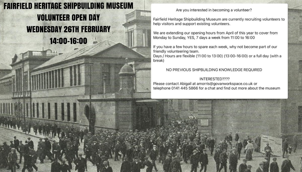 Our Heritage Museum on Govan Road is currently looking for more volunteers.
Do you know anyone who would be interested???

No previous shipbuilding knowledge required, the current volunteer team will  show you the ropes…..
Go On…….get in touch !!!!!

fairfieldgovan.co.uk/volunteer