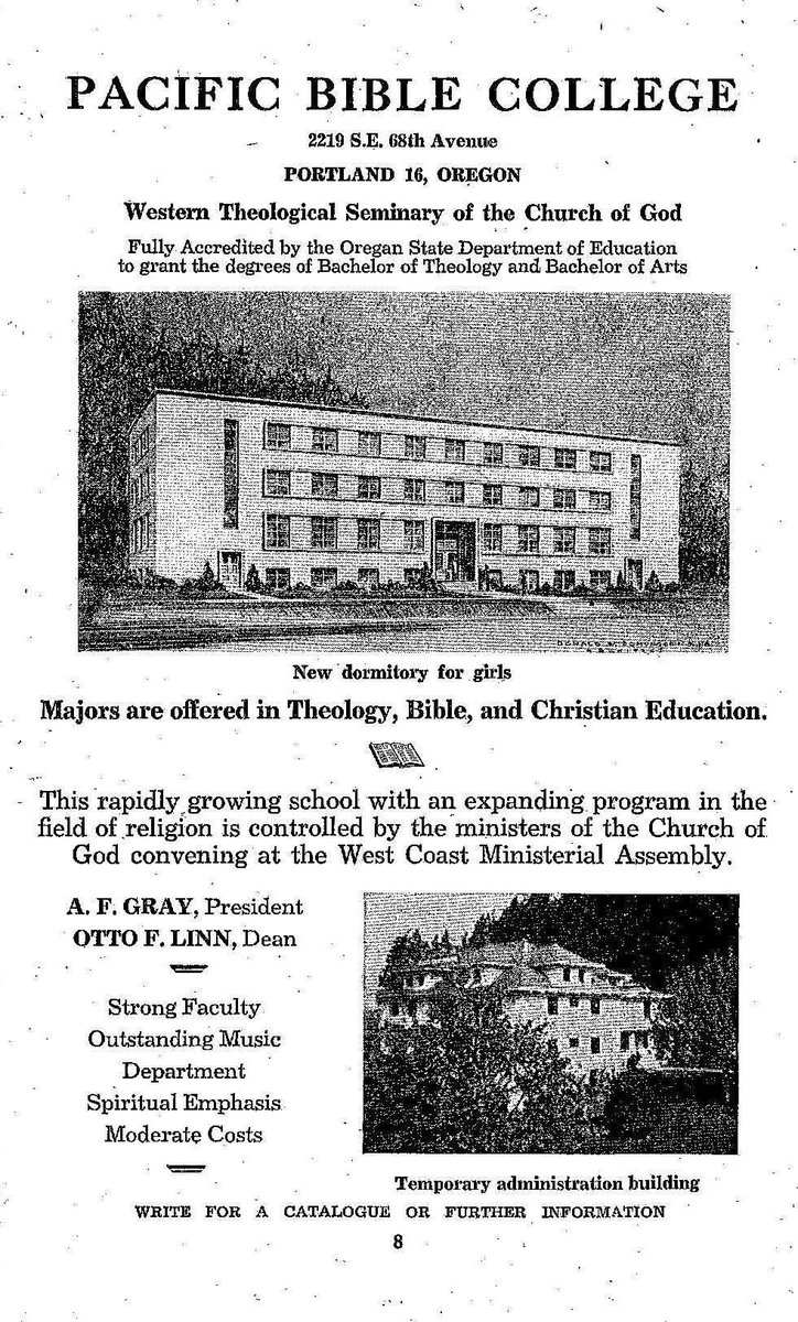 WarnerPacificU's tweet photo. It's #ThrowbackThursday, so let's take a look at this advertisement for Pacific Bible College, now known as Warner Pacific University . This ad was printed in the 1947 Yearbook of the #CHOG. #wpuknights #withpurpose https://t.co/UkDJpnTJIQ