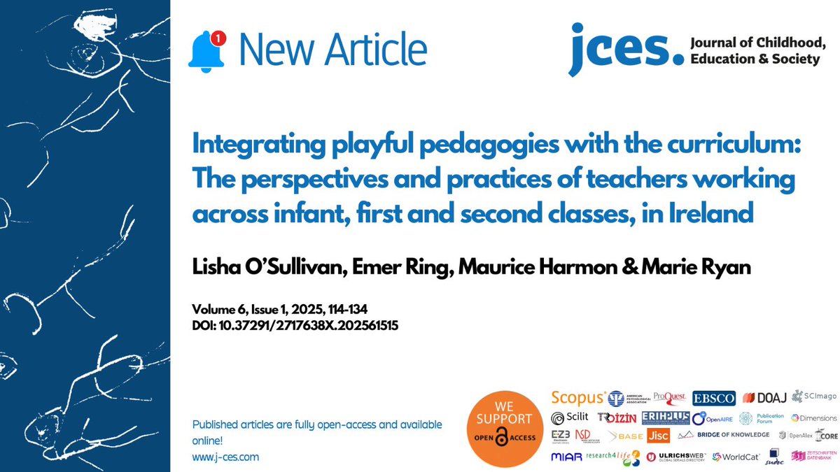 📄New Article

📌 Integrating playful pedagogies with the curriculum: The perspectives and practices of teachers working across infant, first and second classes, in Ireland

✒️by Lisha O’Sullivan, Emer Ring, Maurice Harmon &amp; Marie Ryan

🔗 doi.org/10.37291/27176…  

#earlyyears